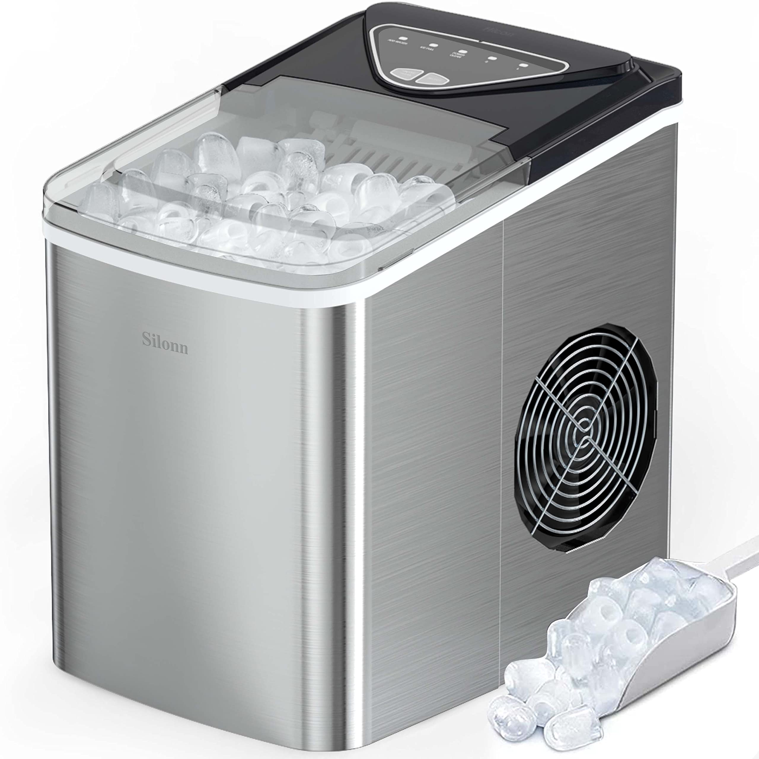 Silonn Countertop Ice Maker with 2.5L Expandable Ice Basket, 26.5lbs/24H, 9 Cubes in 6 Mins, 2 Ice Sizes, Self-Cleaning & LED Touch Control for Home Kitchen Office
