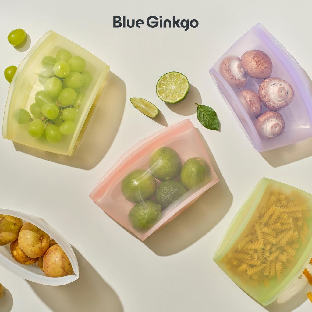 Blue Ginkgo Reusable Silicone Storage Bags – 4-Pack | Korean-Made Stand Up Food, Freezer Bags - Pumkin Yellow