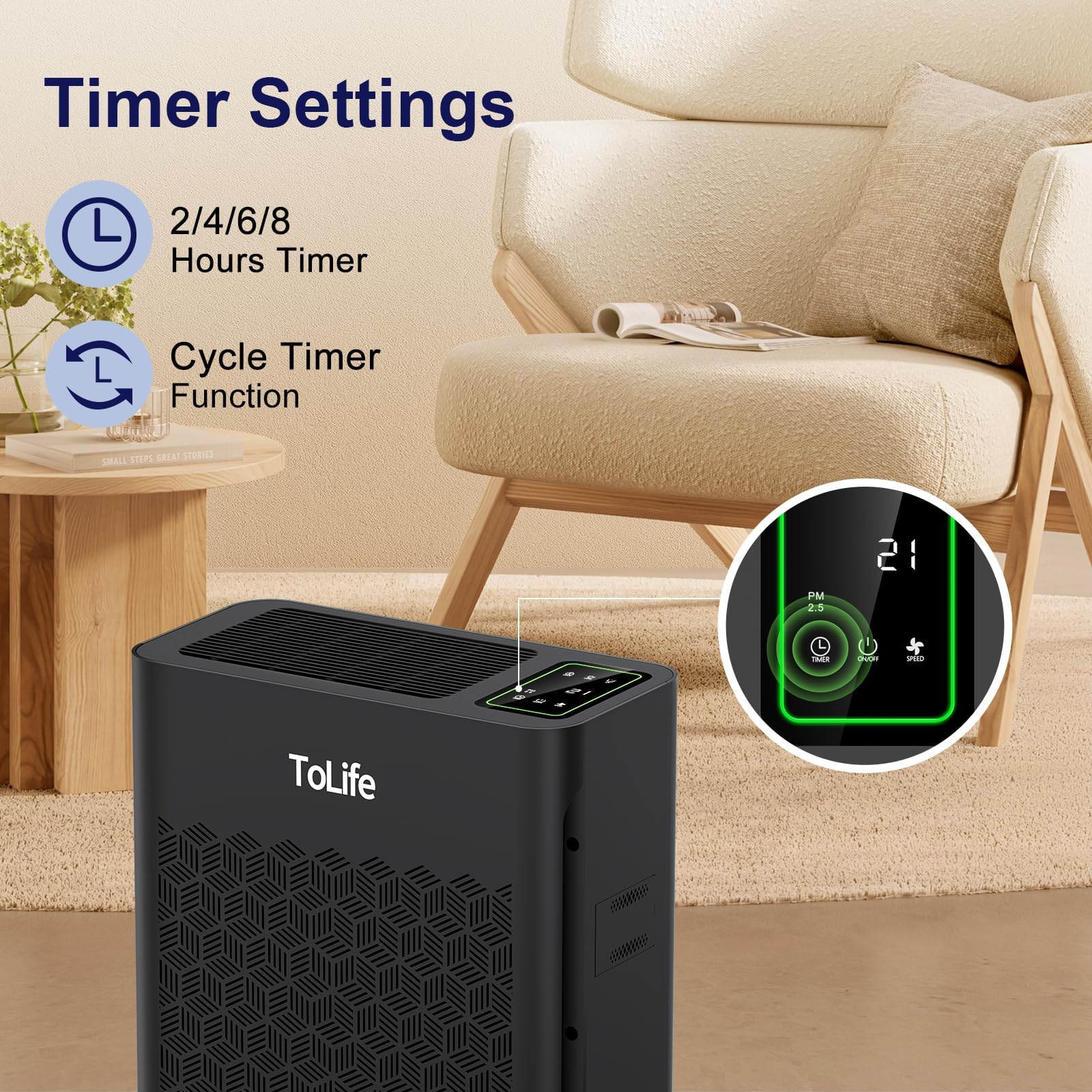 Tolife Air Purifier Large Room, HEPA Air Purifiers for Home Pets Hair with Washable Filter, Air Cleaner for Bedroom up to 1095 Ft² Dust Smoke Odor, Sleep Mode, Timer, White
