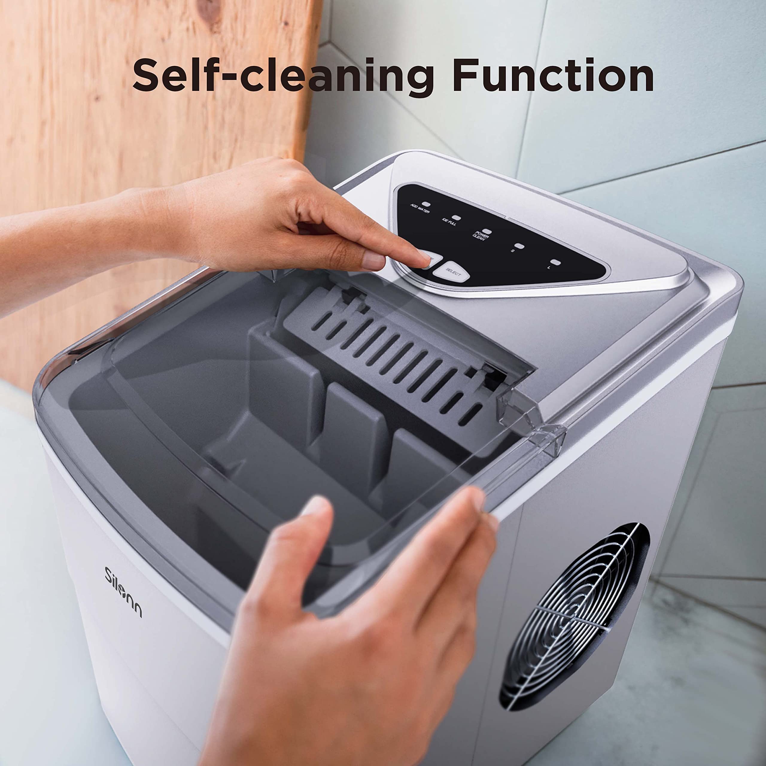 Silonn Countertop Ice Maker with 2.5L Expandable Ice Basket, 26.5lbs/24H, 9 Cubes in 6 Mins, 2 Ice Sizes, Self-Cleaning & LED Touch Control for Home Kitchen Office