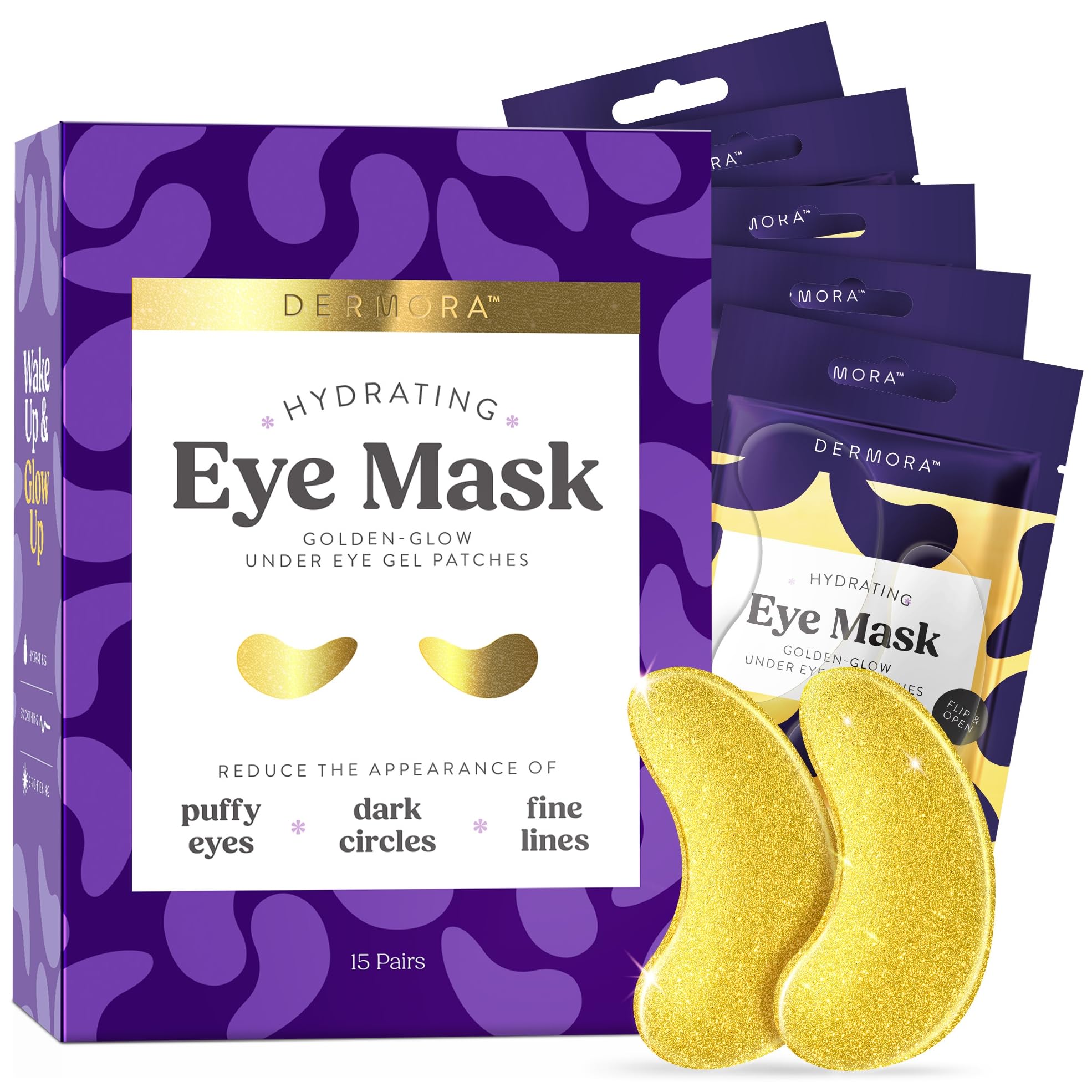 DERMORA Golden Glow Under Eye Patches - 20 Pairs Individually Packed, Hydrating Soft Gel Eye Masks for Puffiness, Wrinkles, Dark Circles & Fine Lines, Glowing Skin, Travel Friendly