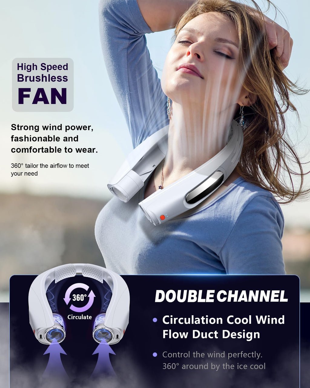 ZEEFO Portable Neck Fan, Hands Free Personal Fan- 6000mAh Battery Operated, USB Rechargeable Fan with 6 Adjustable Speeds, Cooling Wearable Fan for Home, Office, Outdoor, Trave-White