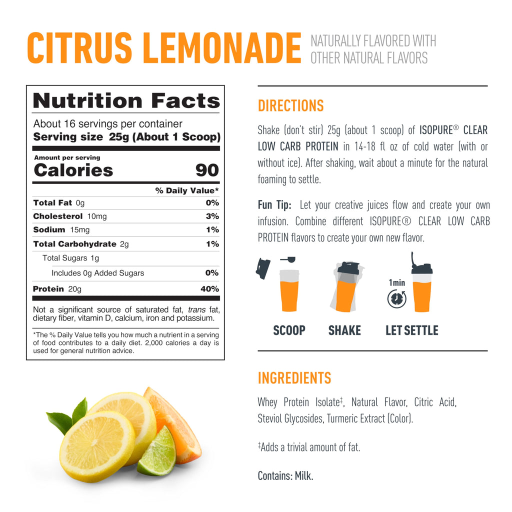 Isopure Clear Whey Isolate Protein Powder, Lactose Free, Gluten Free, Naturally Flavored, Watermelon Lime, 20g Protein Per Serving, 14.1 Oz, 16 Servings (Packaging May Vary)