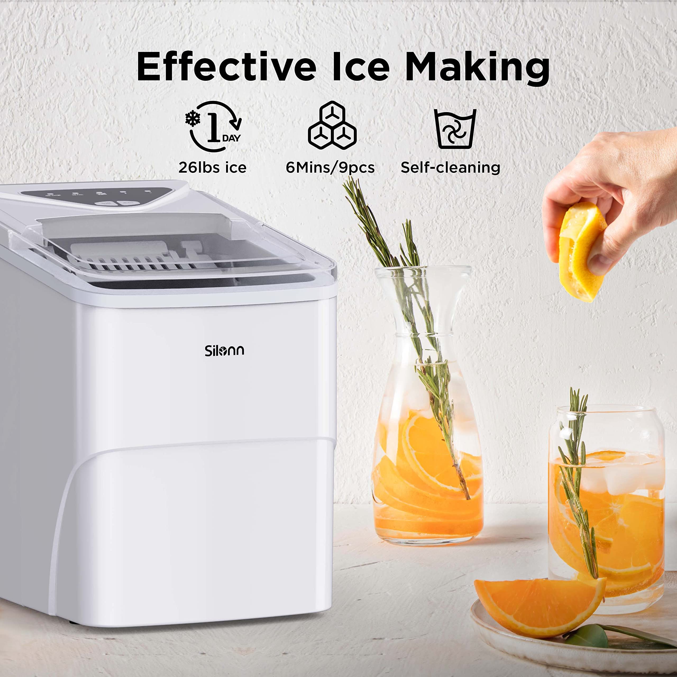 Silonn Countertop Ice Maker with 2.5L Expandable Ice Basket, 26.5lbs/24H, 9 Cubes in 6 Mins, 2 Ice Sizes, Self-Cleaning & LED Touch Control for Home Kitchen Office