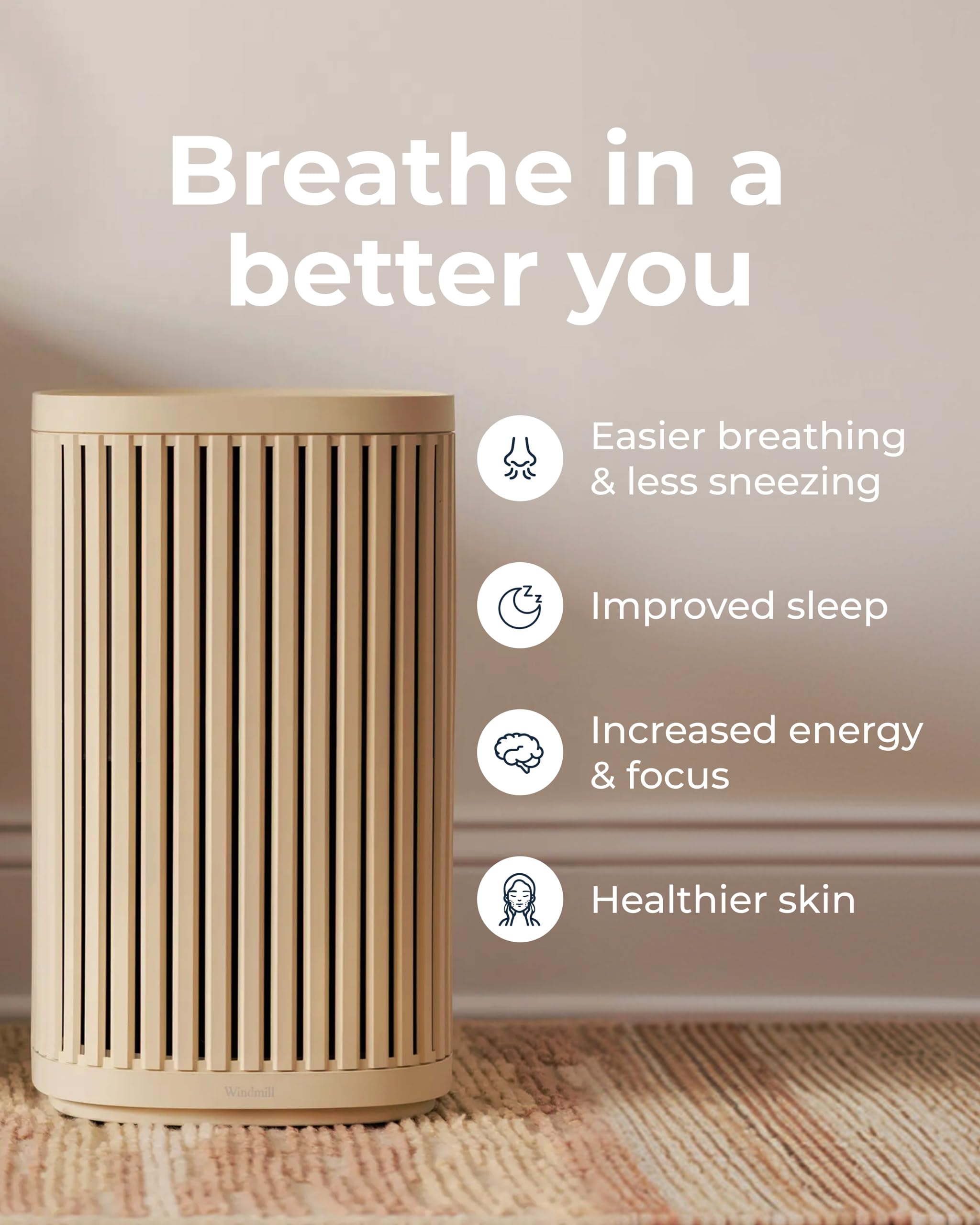 Windmill Air Purifier for Home - 3-In-1 Filtration for Dust, Smoke, & More - True HEPA Filter, Activated Carbon, & Pre-Filter - Ultra-Quiet - App Compatible - Covers Up To 975 sq ft - Navy
