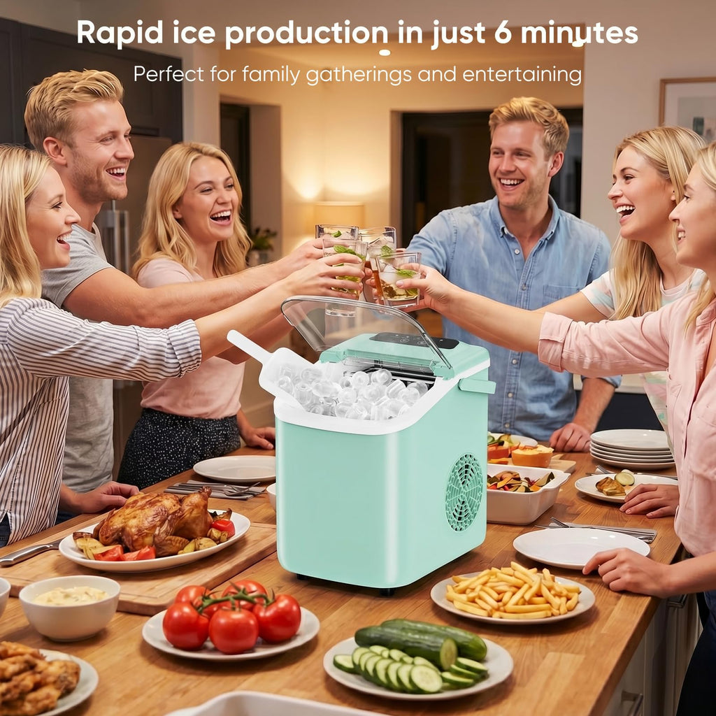 DUMOS Ice Maker Countertop, Ice Machine with Portable Handle, Basket and Scoop, 26lbs Daily, 9 Bullet Cubes in 6-8 Mins, Auto-Cleaning for Home, Kitchen, Office, Outdoors, RV Camping