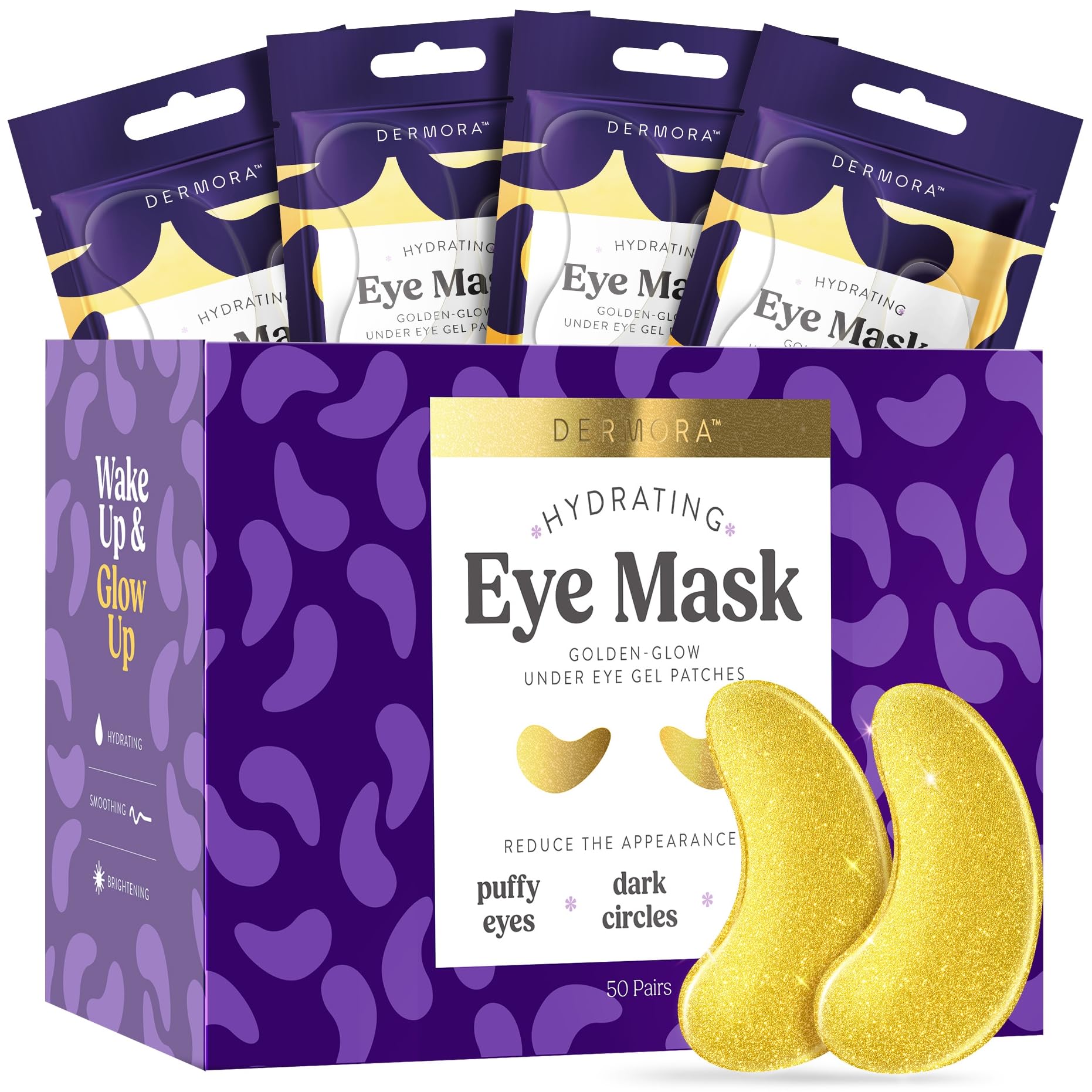 DERMORA Golden Glow Under Eye Patches - 20 Pairs Individually Packed, Hydrating Soft Gel Eye Masks for Puffiness, Wrinkles, Dark Circles & Fine Lines, Glowing Skin, Travel Friendly