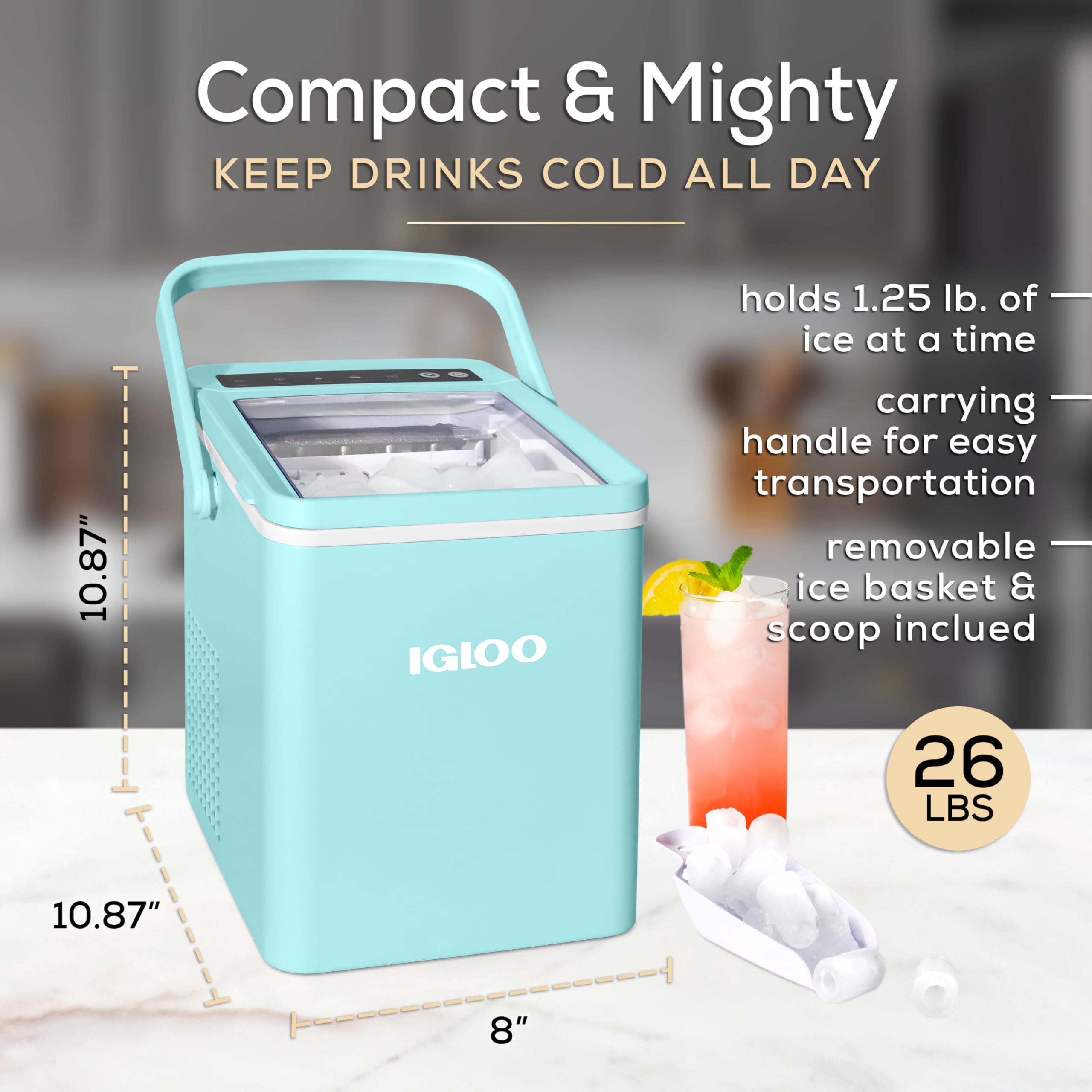 Igloo Automatic Self-Cleaning Portable Electric Countertop Ice Maker Machine with Handle, 26 Pounds in 24 Hours, 9 Ice Cubes Ready in 7 Minutes, with Ice Scoop and Basket