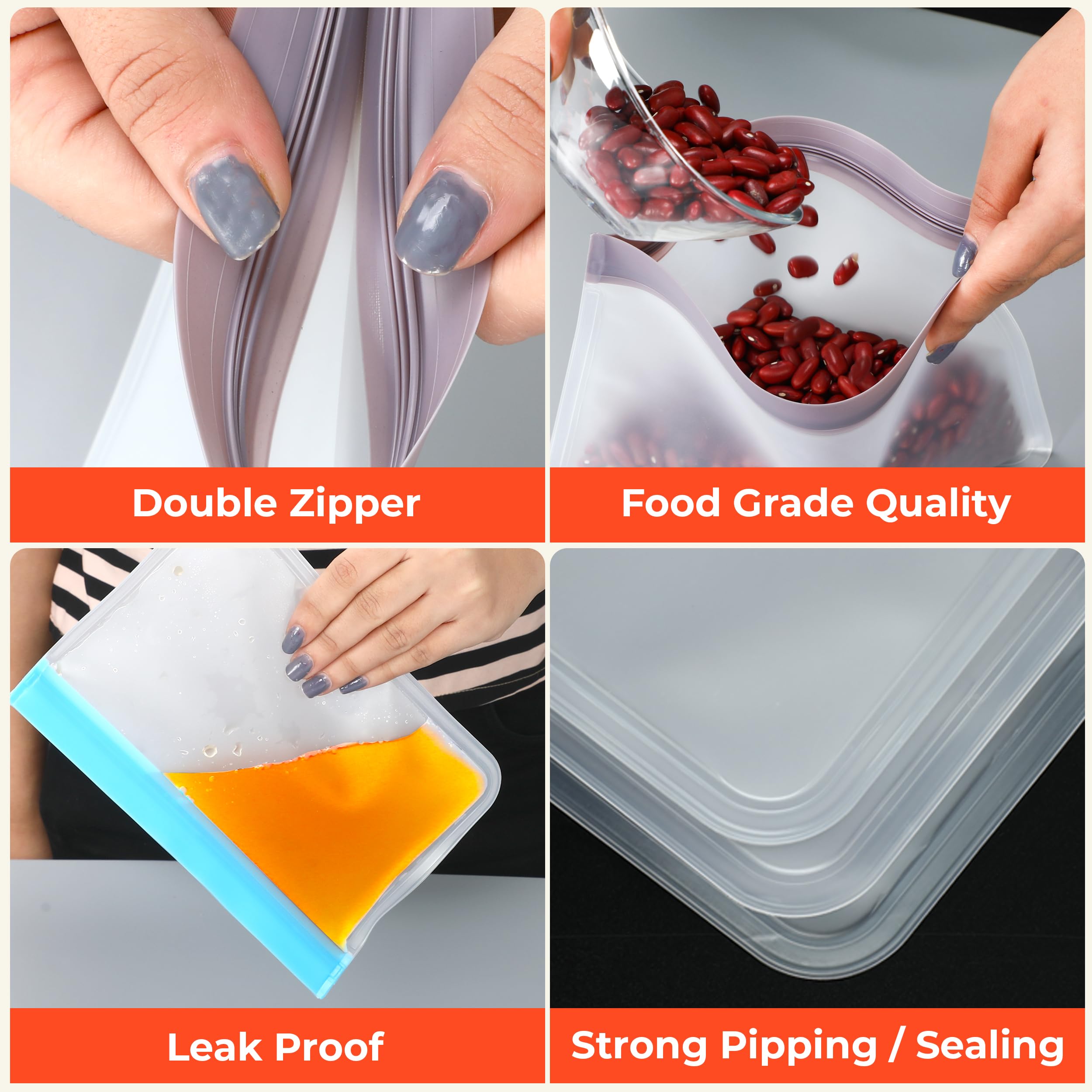 10 Pack Dishwasher Safe Reusable Bags, Leakproof Reusable Freezer Bags, BPA Free Food Storage Bags for Lunch, Marinate and Travel, 3 Gallon, 4 Sandwich, 3 Snack Bags