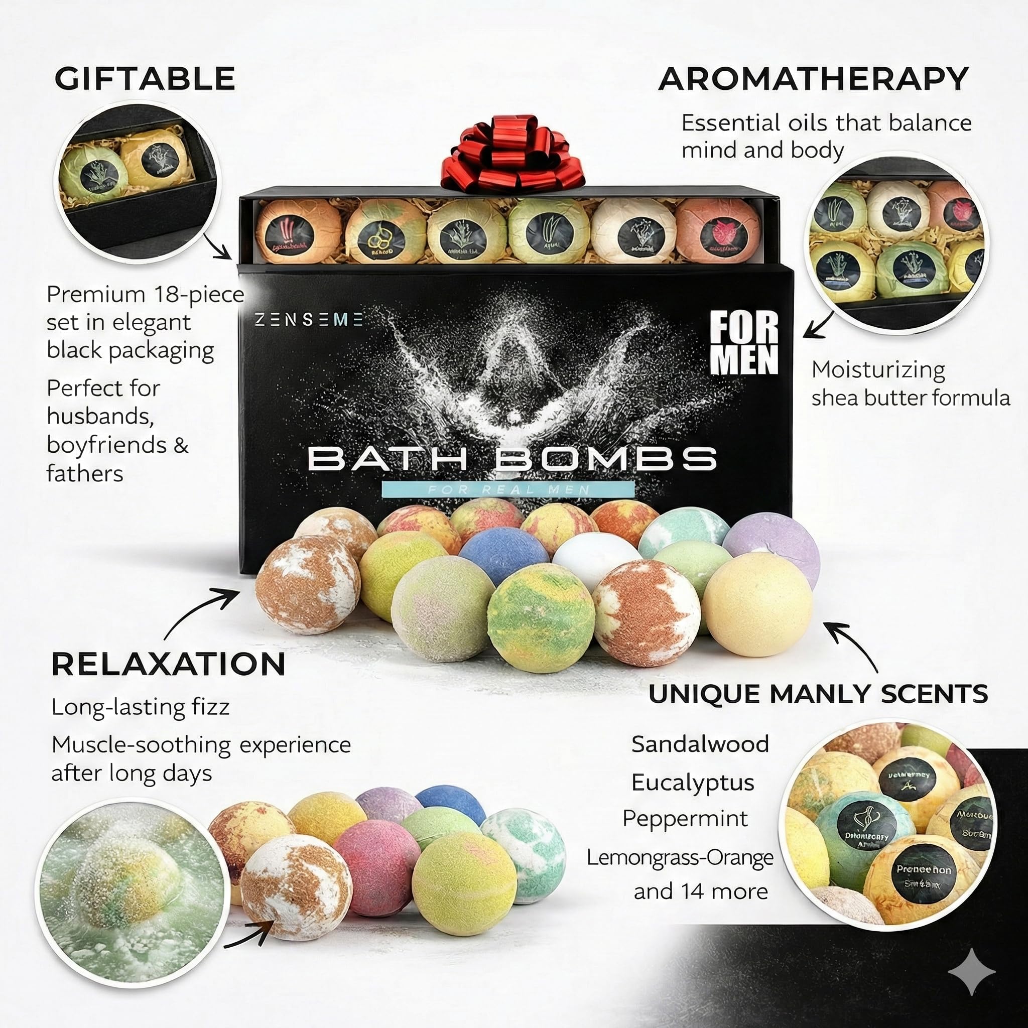 Bath Bombs for Men, Gift Set of 8 Scented Organic Handmade Bath Bombs of 2.5 oz with Natural Essential Oils for Boyfriend, Husband, Father or Friend, by ZenseMe