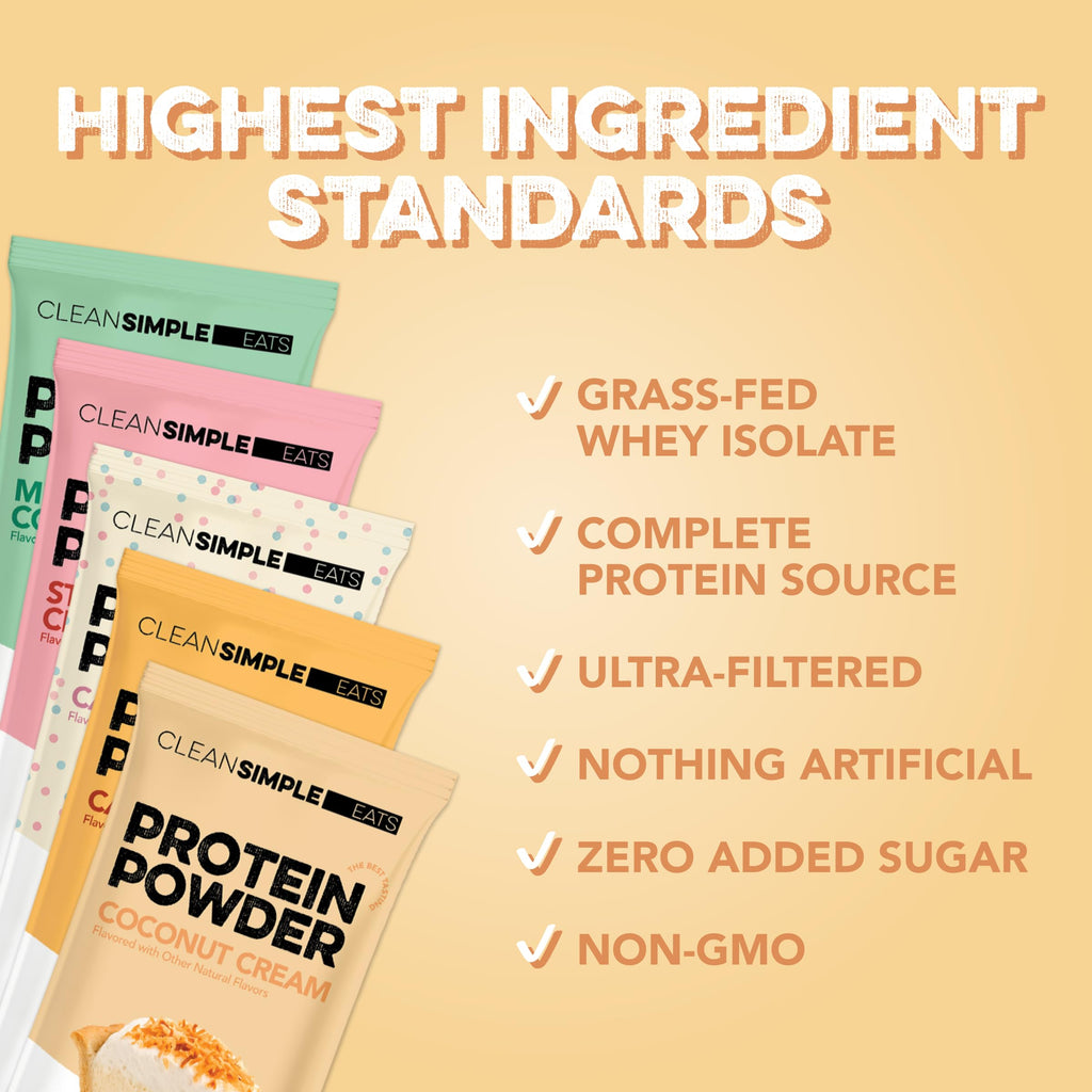 Clean Simple Eats Whey Isolate Protein Powder, Variety Pack, Naturally Sweetened, Zero Added Sugar, 20g 100% GrassFed Protein Powder with Digestive Enzymes, GlutenFree, Non GMO, 10 Single Serve Pack