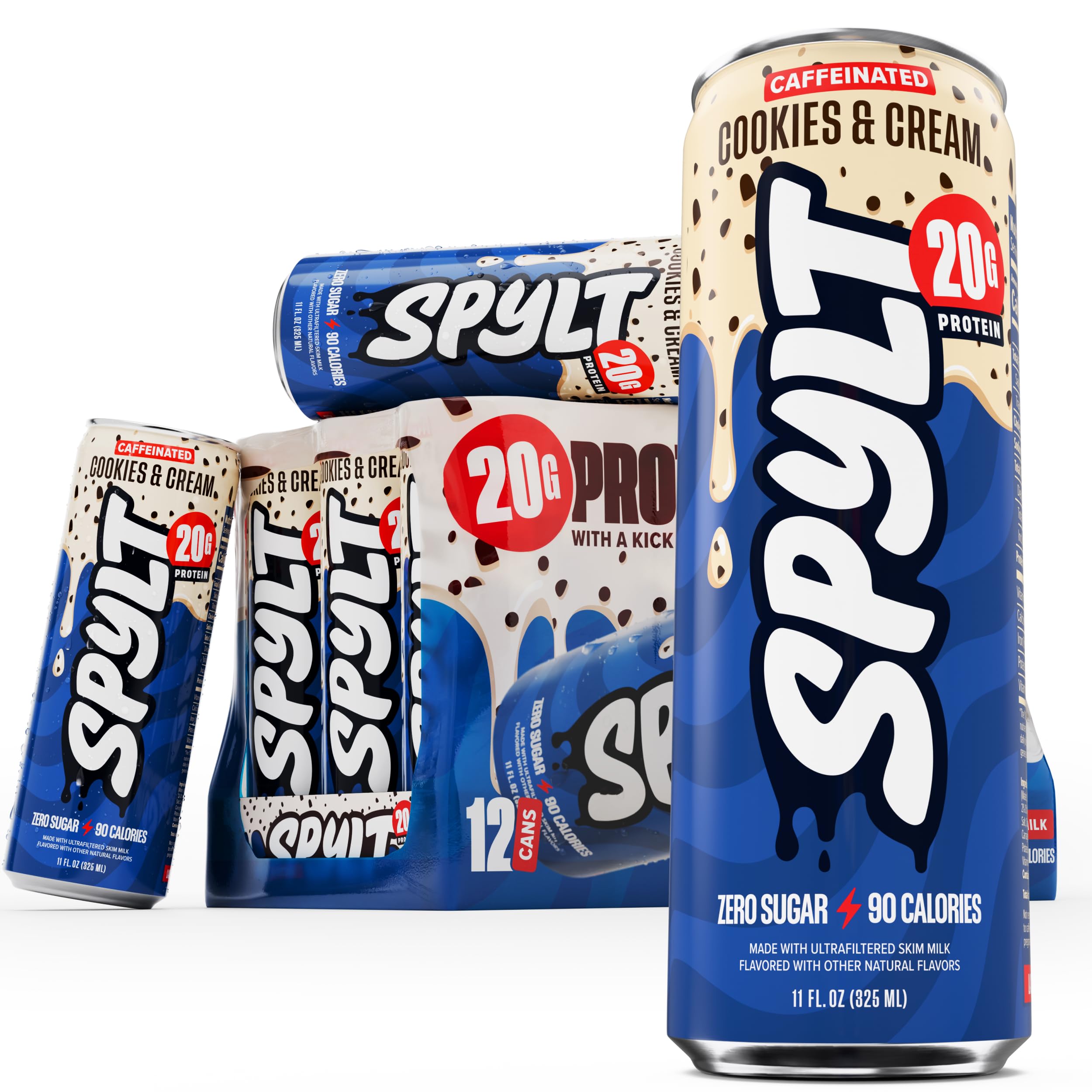 Spylt High Protein Milk - 6 Flavor Variety Pack with 60mg Caffeine & 20g Protein - 90 Calories, Ready to Drink, Sugar Free, Lactose Free Milk, Perfect for Workout Recovery & Afternoon Pick Me Up - 12 Count - Packaging May Vary