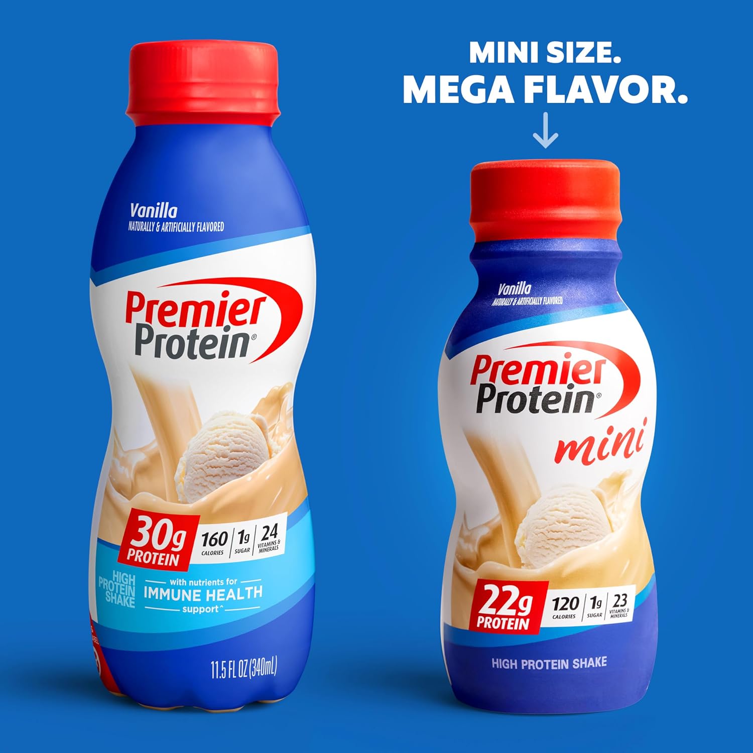 Premier Protein Shake MINIs, Vanilla, 22g Protein, 120 Calories, 1g Sugar, 8.75fl oz, Pack of 12 & Premier Liquid Protein Shake, Caramel, 30g Protein, 1g Sugar, 24 Vitamins & Minerals