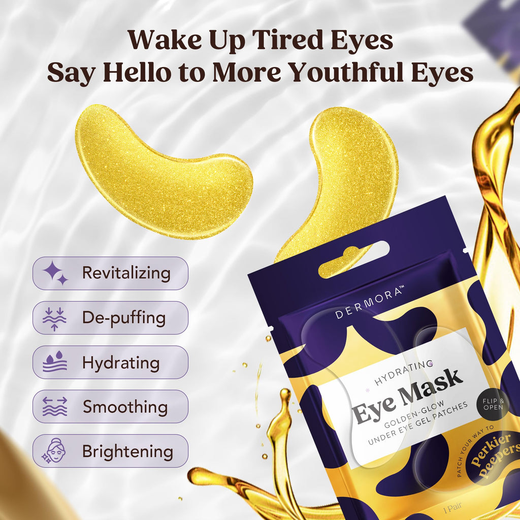 DERMORA Golden Glow Under Eye Patches - 20 Pairs Individually Packed, Hydrating Soft Gel Eye Masks for Puffiness, Wrinkles, Dark Circles & Fine Lines, Glowing Skin, Travel Friendly