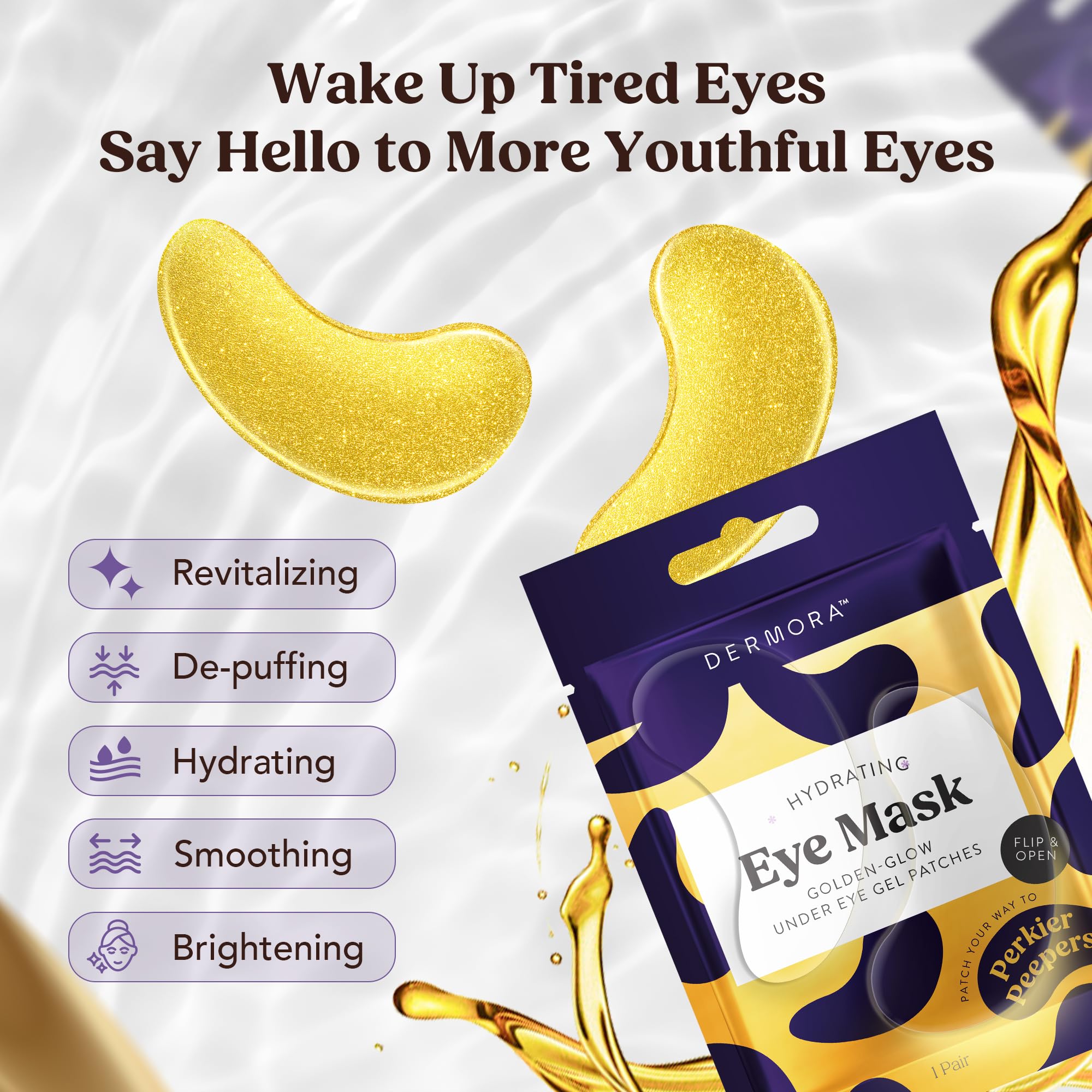 DERMORA Golden Glow Under Eye Patches - 20 Pairs Individually Packed, Hydrating Soft Gel Eye Masks for Puffiness, Wrinkles, Dark Circles & Fine Lines, Glowing Skin, Travel Friendly