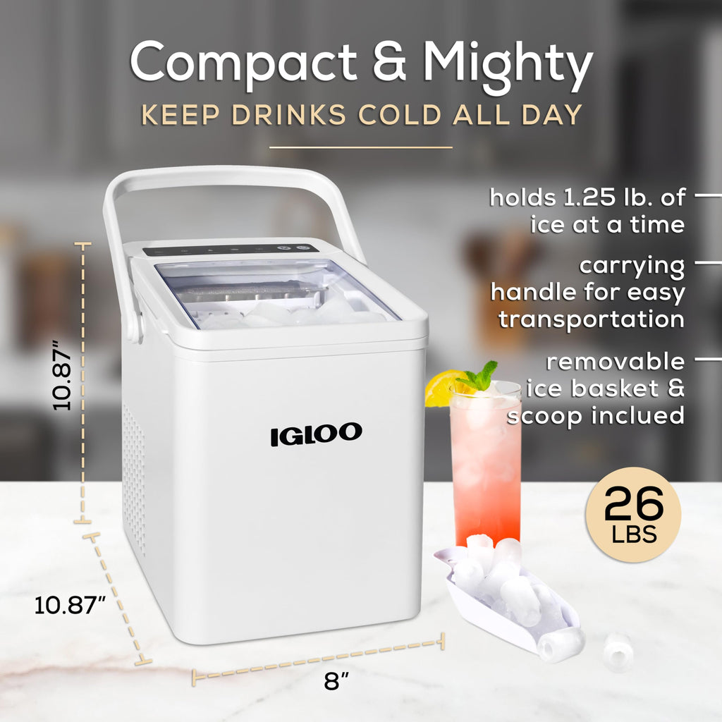Igloo Automatic Self-Cleaning Portable Electric Countertop Ice Maker Machine with Handle, 26 Pounds in 24 Hours, 9 Ice Cubes Ready in 7 Minutes, with Ice Scoop and Basket