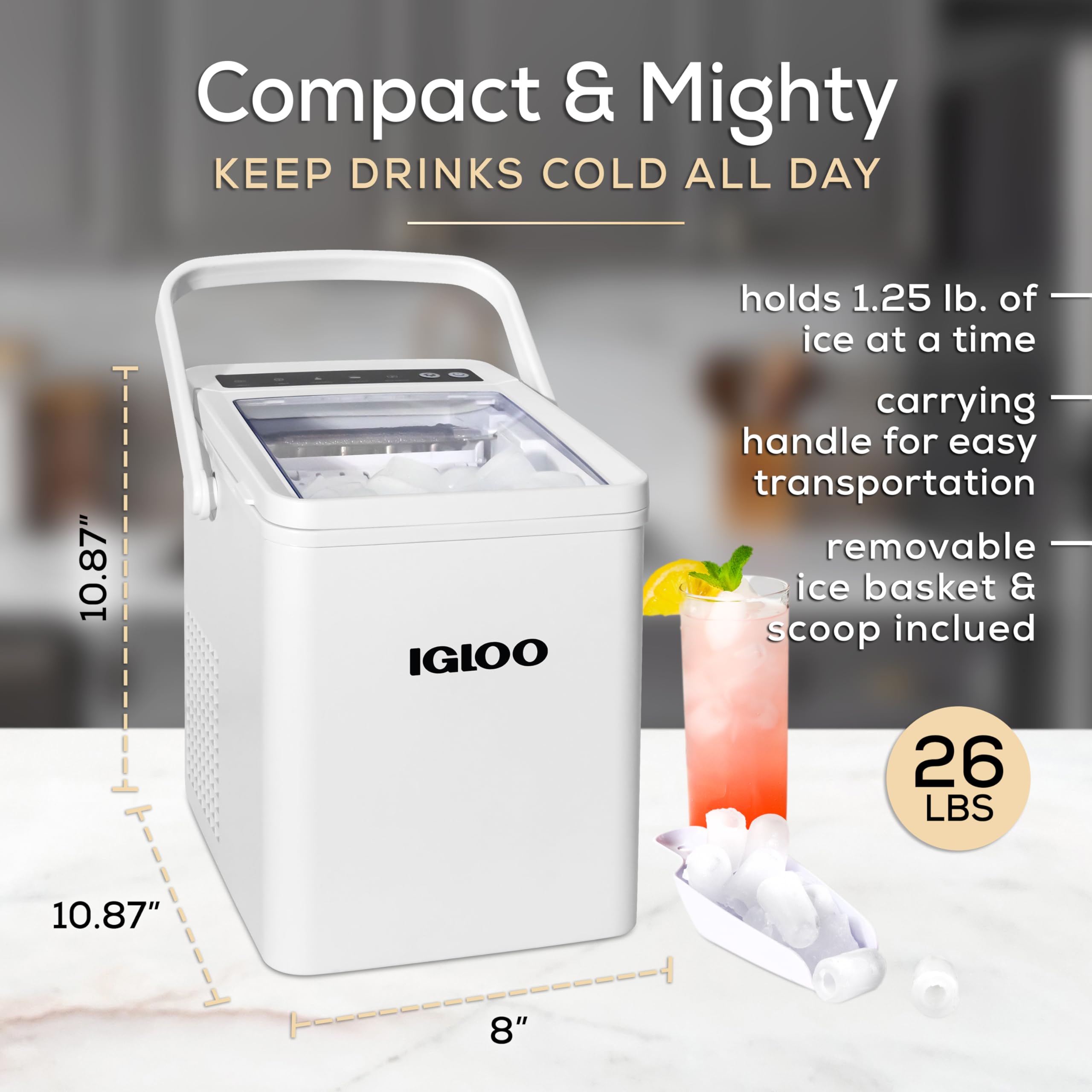 Igloo Automatic Self-Cleaning Portable Electric Countertop Ice Maker Machine with Handle, 26 Pounds in 24 Hours, 9 Ice Cubes Ready in 7 Minutes, with Ice Scoop and Basket