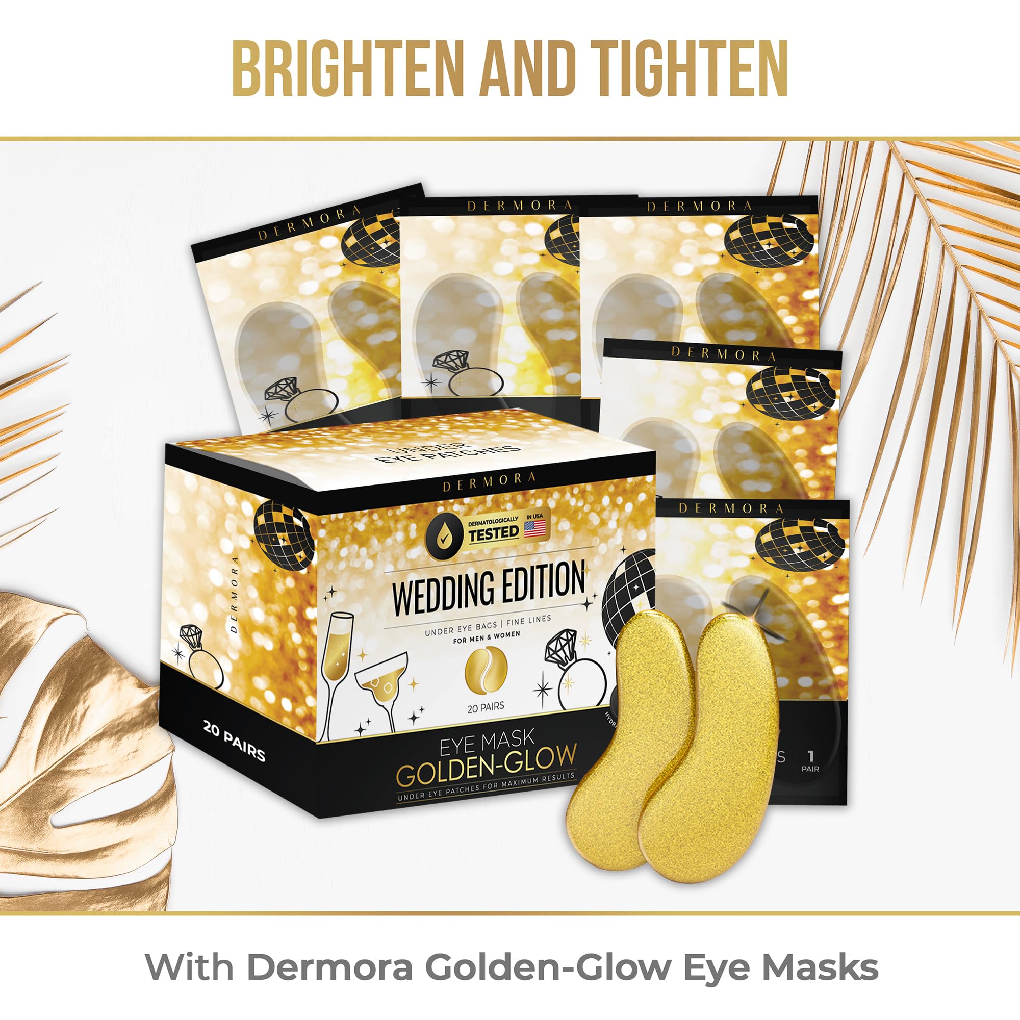 DERMORA Golden Glow Under Eye Patches - 20 Pairs Individually Packed, Hydrating Soft Gel Eye Masks for Puffiness, Wrinkles, Dark Circles & Fine Lines, Glowing Skin, Travel Friendly