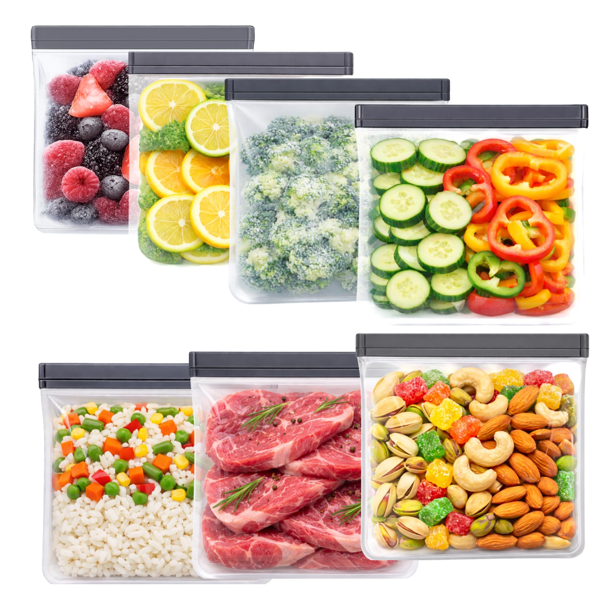 10 Pack Dishwasher Safe Reusable Bags, Leakproof Reusable Freezer Bags, BPA Free Food Storage Bags for Lunch, Marinate and Travel, 3 Gallon, 4 Sandwich, 3 Snack Bags
