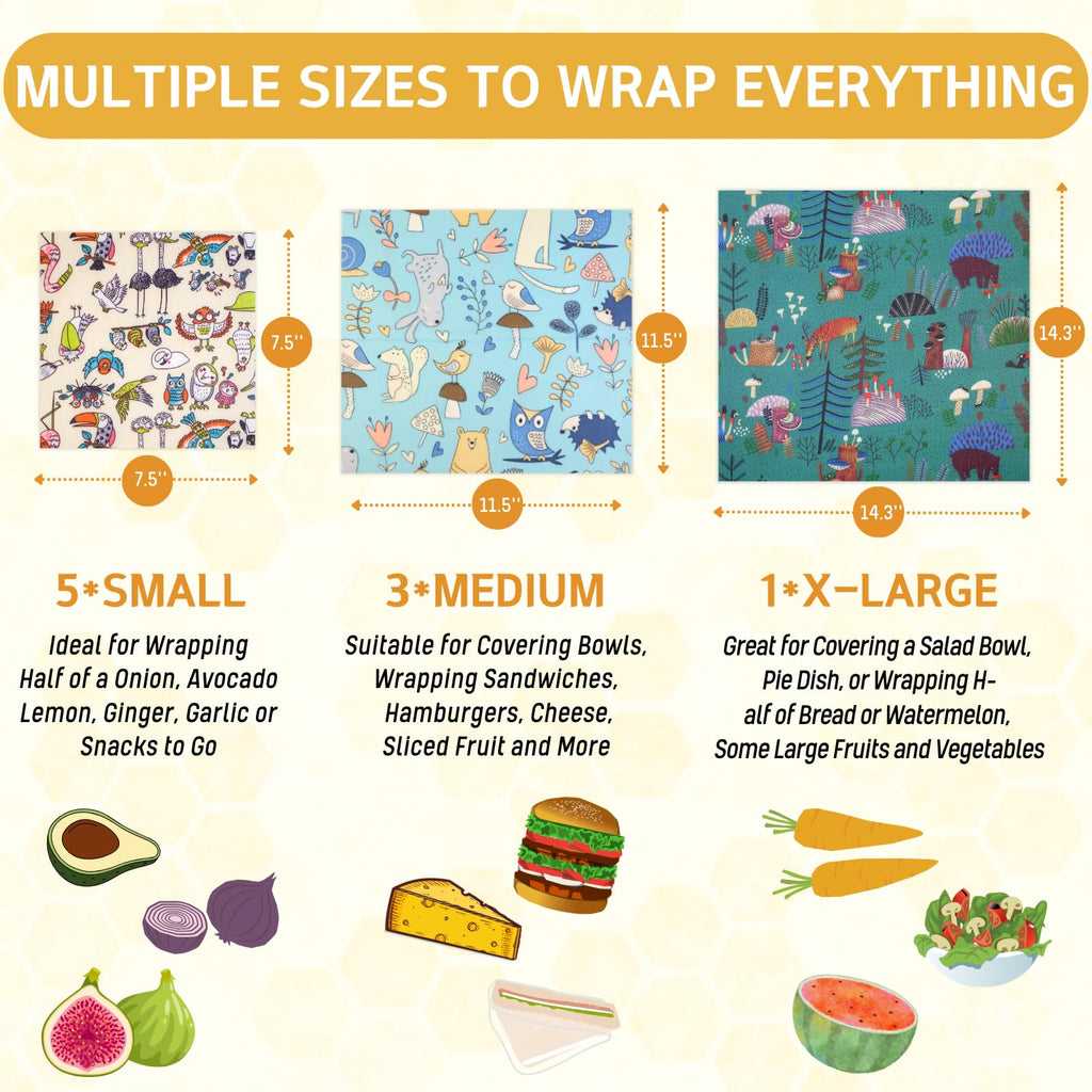 Reusable Beeswax Wrap - 9 Pack Beeswax Wraps for Food, Eco-Friendly Beeswax Food Wraps, Bread Sandwich Wrapper - Organic, Sustainable, Zero Waste, Reusable Plastic-Free Food Storage Wrap, 1XL, 3M, 5S