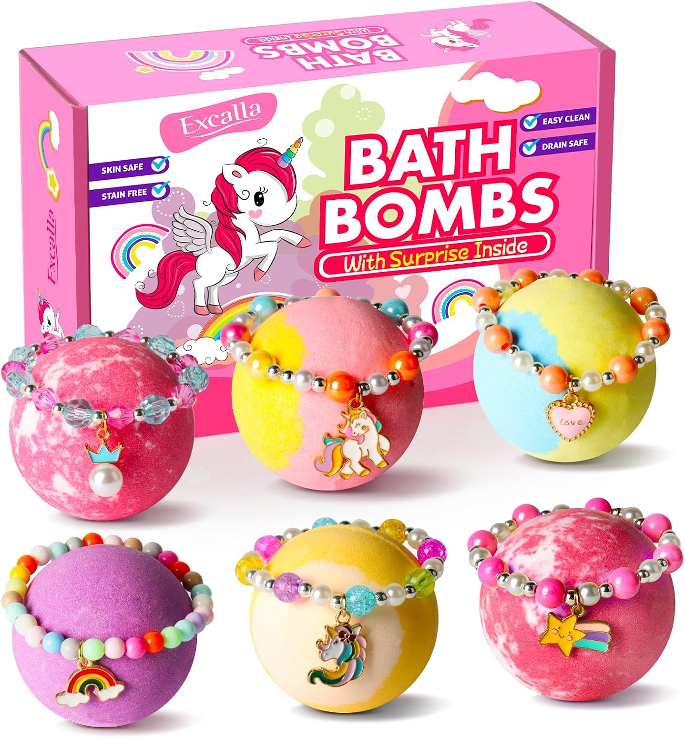 Unicorn Bath Bombs with Surprise Inside for Kids Girls, 6 Kids Bath Bombs with Jewelry Inside, Natural Bubble Bath Set for Skin Moisturizing, Birthday Christmas Easter Gifts for 4 5 6 7 8 Year Old