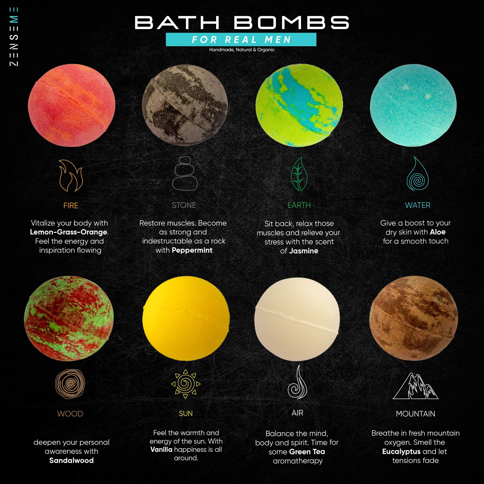 Bath Bombs for Men, Gift Set of 8 Scented Organic Handmade Bath Bombs of 2.5 oz with Natural Essential Oils for Boyfriend, Husband, Father or Friend, by ZenseMe