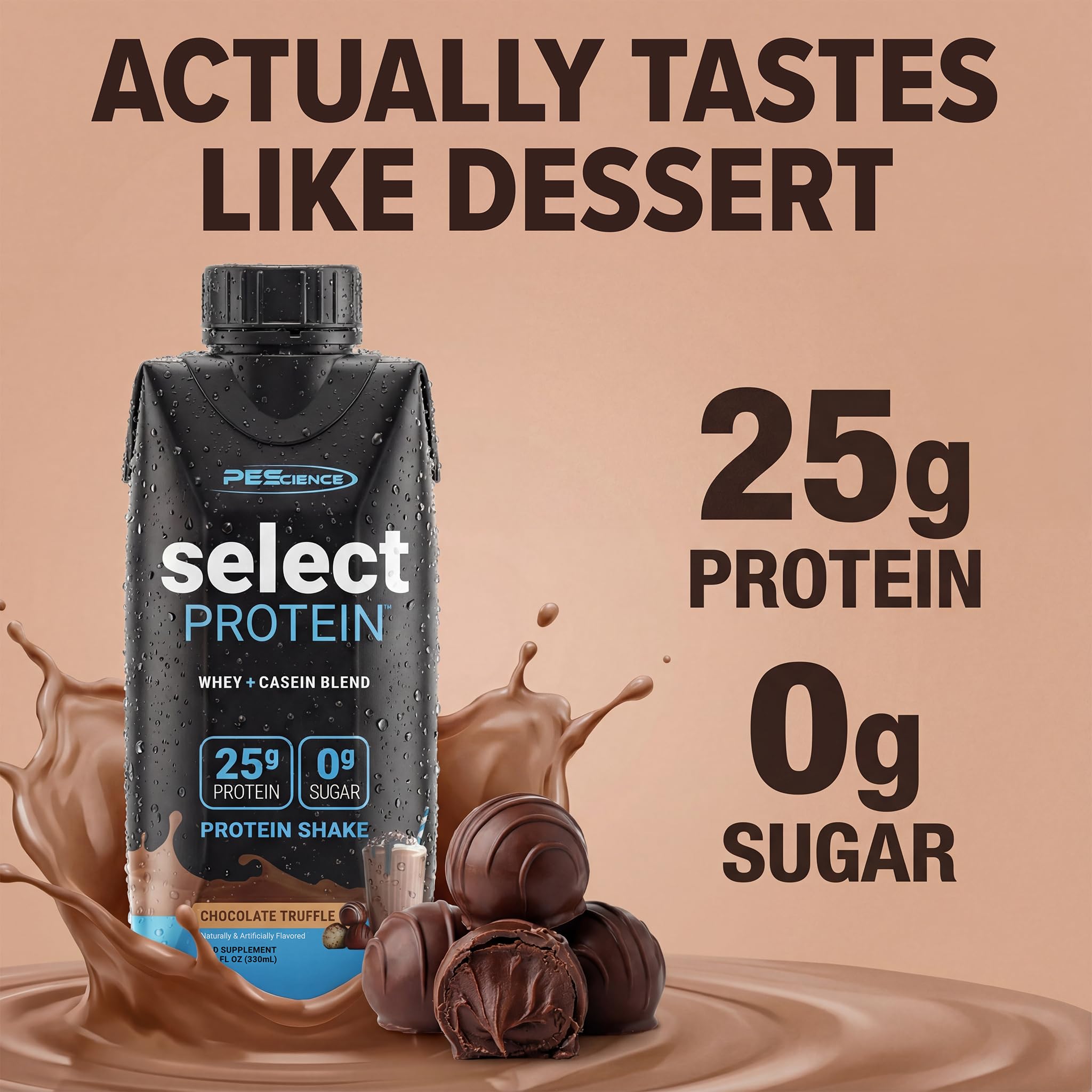 PEScience Select Protein Shake RTD, 25g Whey and Casein Blend, High Protein Drink, Gluten Free, Keto Friendly, 0g Sugar, Low Carb Ready to Drink Meal Replacement, Chocolate Truffle - Pack of 4