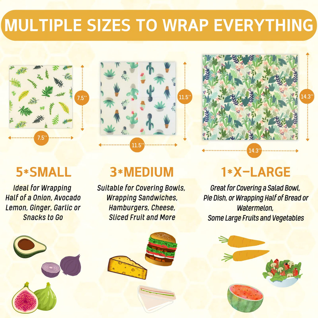 Reusable Beeswax Wrap - 9 Pack Beeswax Wraps for Food, Eco-Friendly Beeswax Food Wraps, Bread Sandwich Wrapper - Organic, Sustainable, Zero Waste, Reusable Plastic-Free Food Storage Wrap, 1XL, 3M, 5S