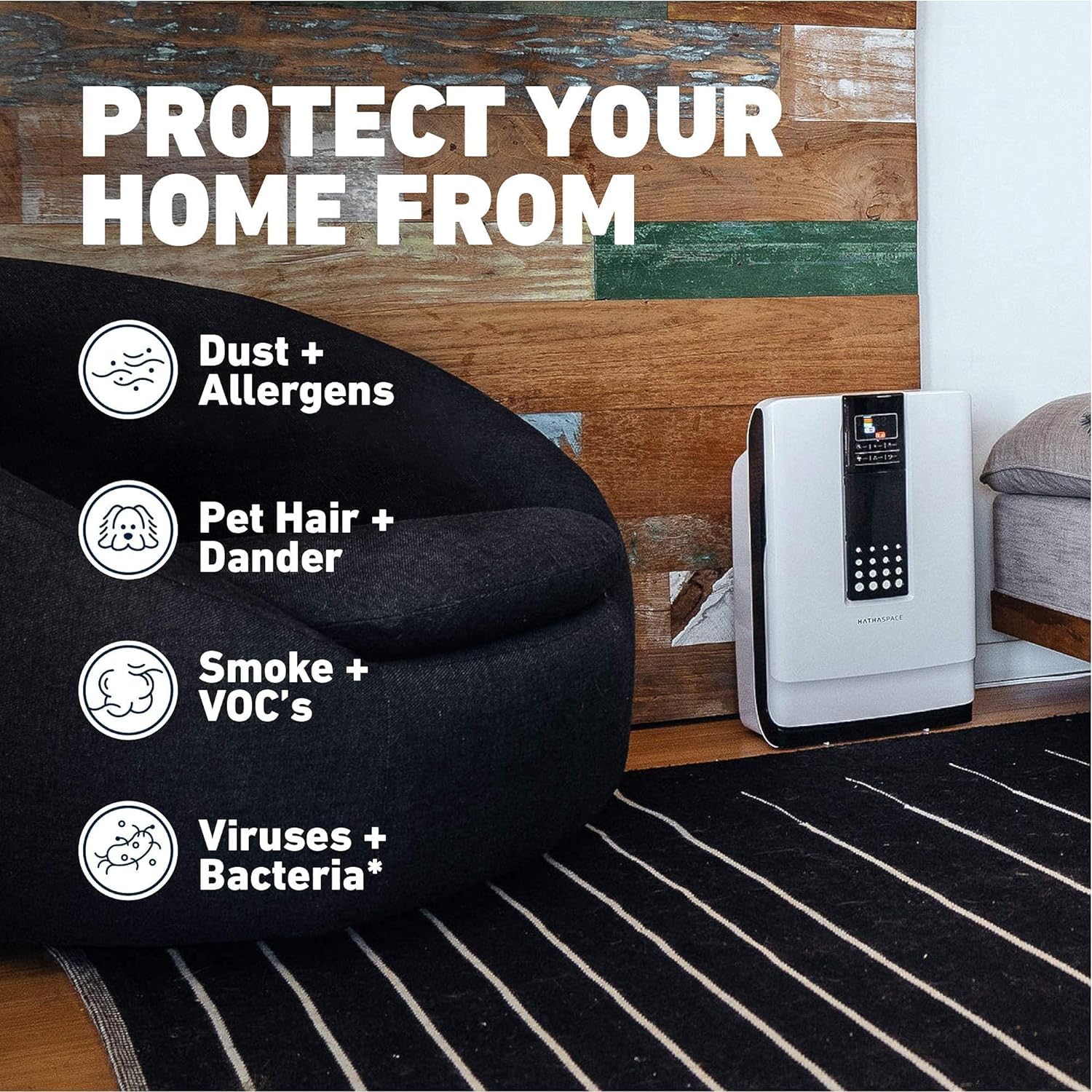 HATHASPACE Smart Air Purifiers - True HEPA Air Purifier, Cleaner & Filter for Allergies, Smoke, Pets - Eliminator of 99.9% of Dust, Pet Hair, Odors - HSP002-1500 Sq. Ft.