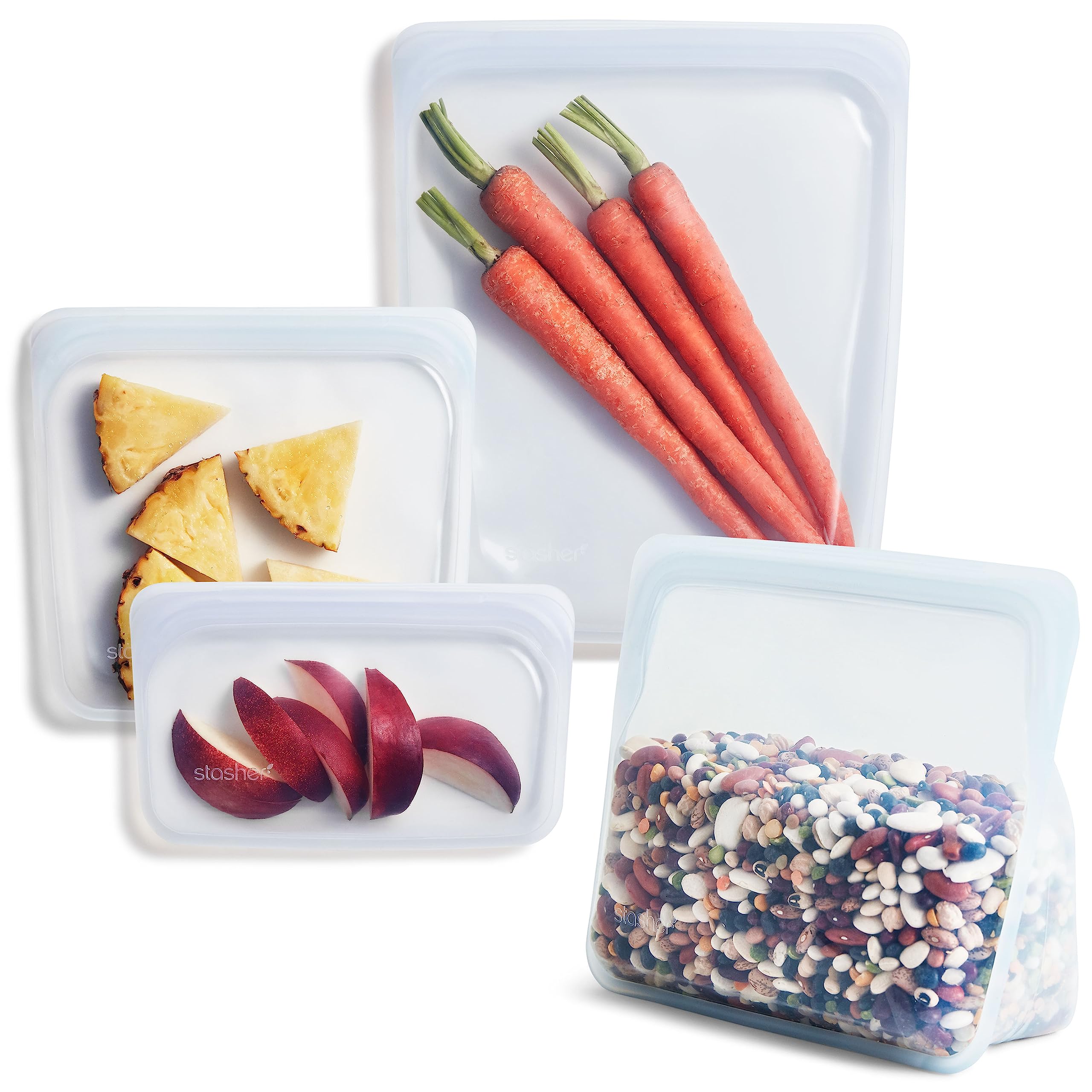 Stasher Silicone Reusable Storage Bags, 4-Pack, Reusable Freezer Bags, Microwave, Dishwasher, Oven Safe, Sous Vide, Premium Lunch Containers, Eco Friendly, Food-safe Silicone Snack Bag, Clear