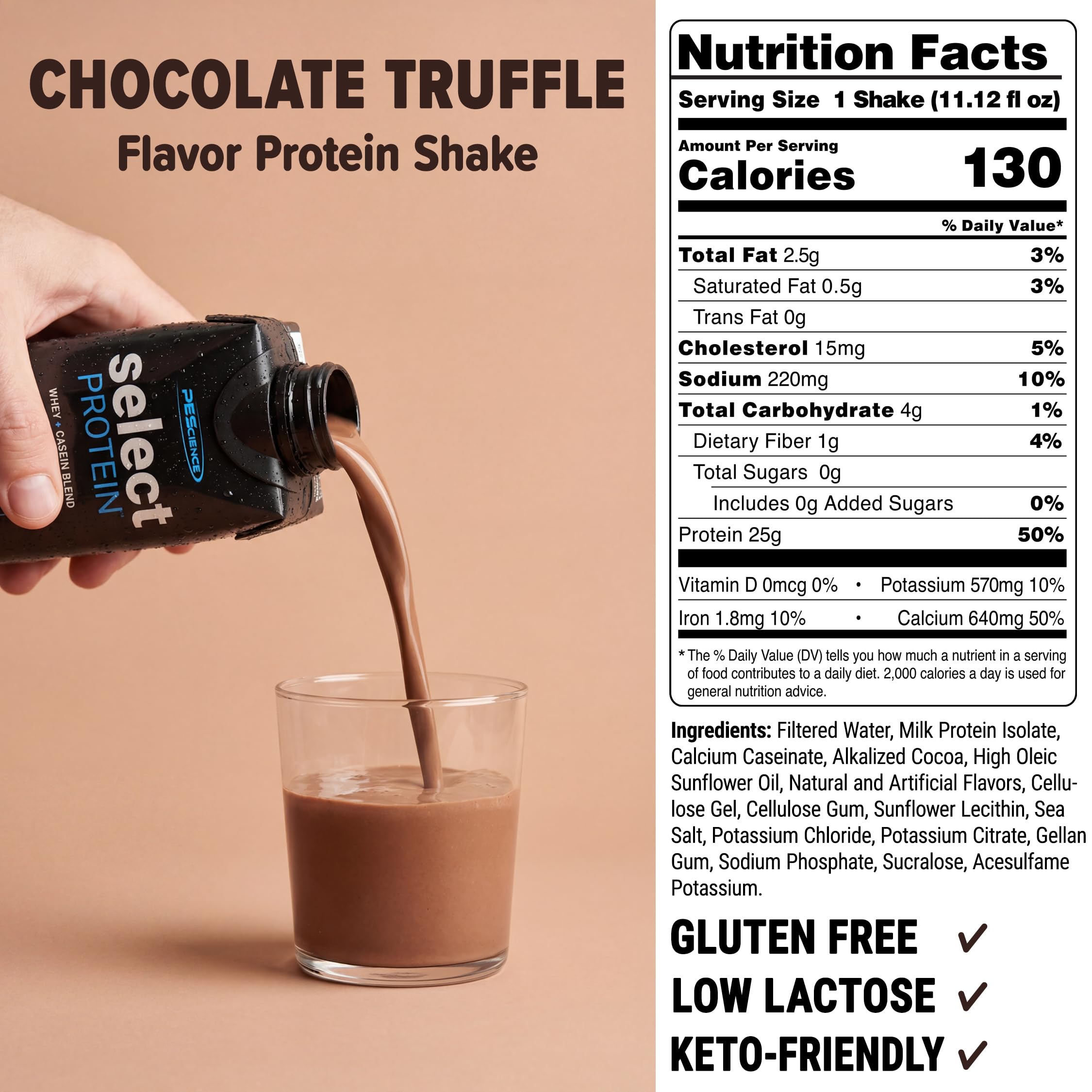 PEScience Select Protein Shake RTD, 25g Whey and Casein Blend, High Protein Drink, Gluten Free, Keto Friendly, 0g Sugar, Low Carb Ready to Drink Meal Replacement, Chocolate Truffle - Pack of 4