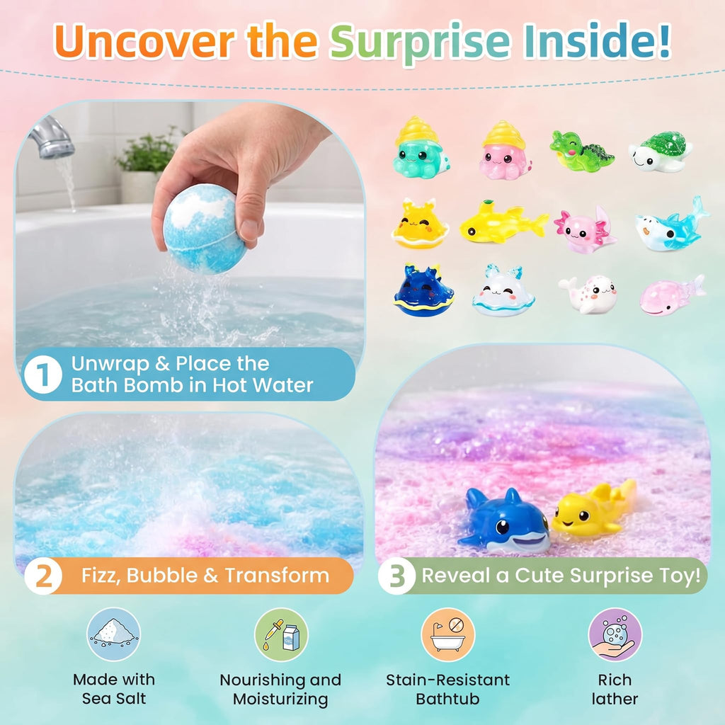 Bath Bombs with Surprise Inside, 12 Pack Fizzy Bath Bombs with Animal Figures Inside, Play Fizz Bubble Bath Gift Set with Natural Bath Bombs, Colorful Sea Salt Bath Balls Gifts (Zoo)