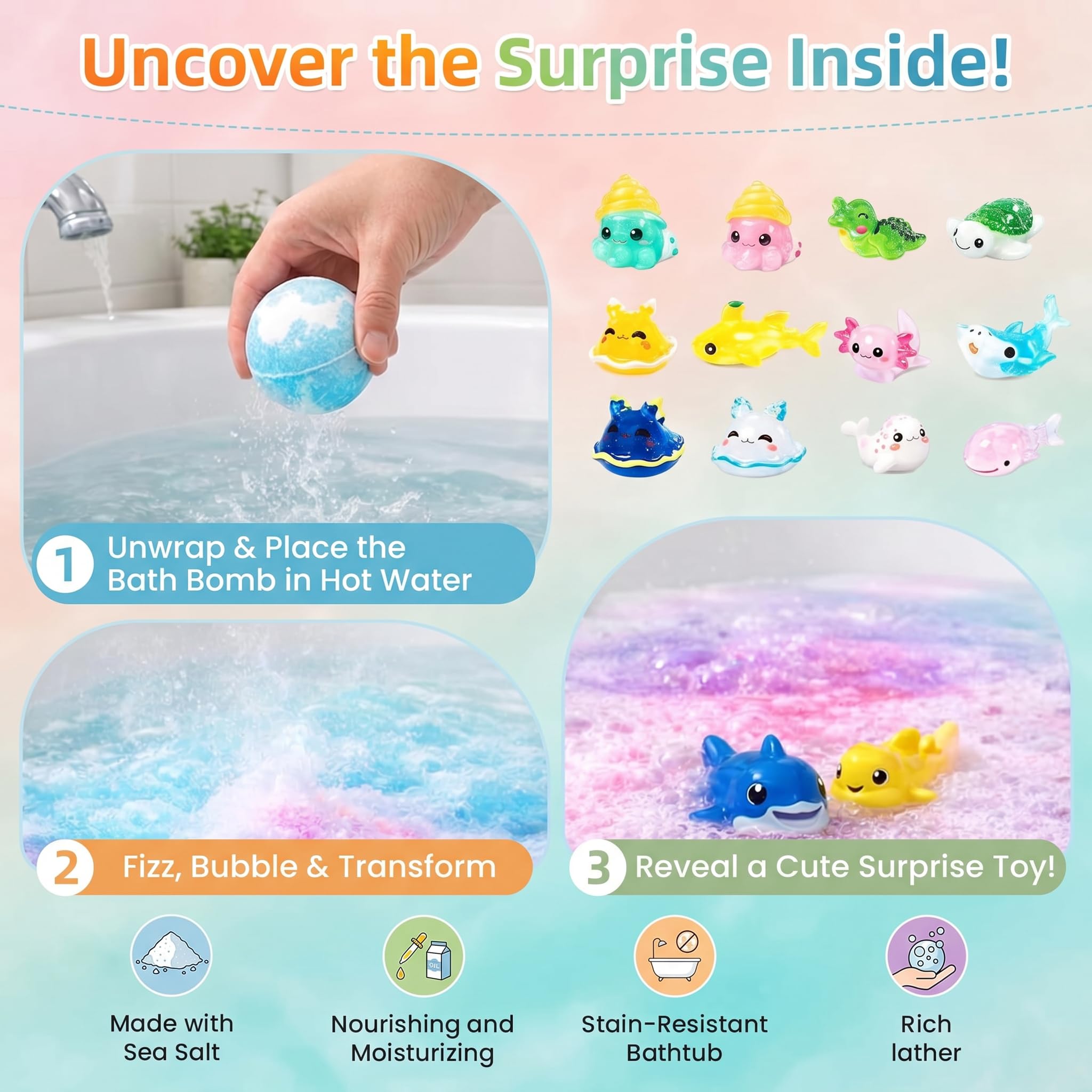 Bath Bombs with Surprise Inside, 12 Pack Fizzy Bath Bombs with Animal Figures Inside, Play Fizz Bubble Bath Gift Set with Natural Bath Bombs, Colorful Sea Salt Bath Balls Gifts (Zoo)