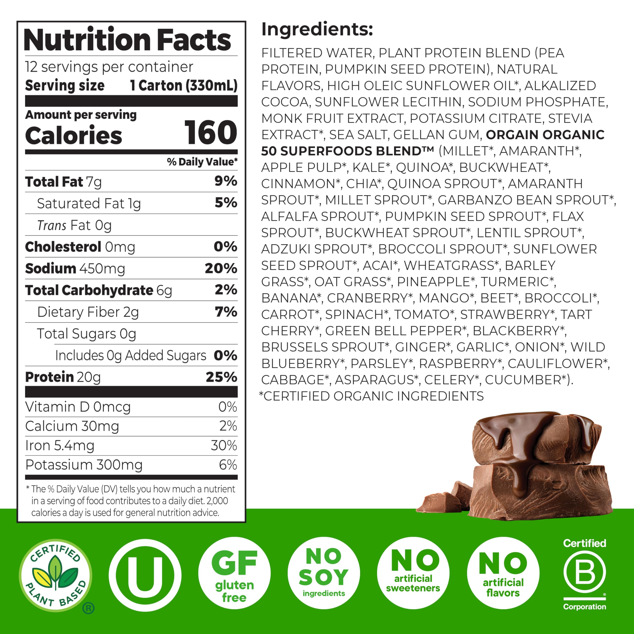 Orgain Organic Vegan Protein Shake, Creamy Chocolate - 20g Plant Based Protein, Ready to Drink, Fruits & Vegetables, Gluten Free, Kosher, No Soy or Dairy Ingredients, 11 Fl Oz (Pack of 12)