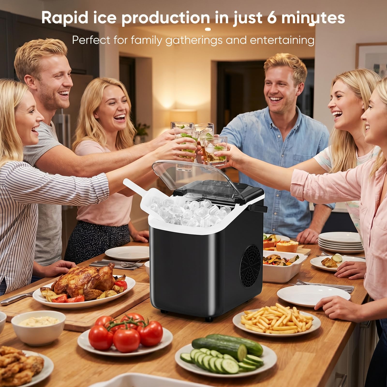 DUMOS Ice Maker Countertop, Ice Machine with Portable Handle, Basket and Scoop, 26lbs Daily, 9 Bullet Cubes in 6-8 Mins, Auto-Cleaning for Home, Kitchen, Office, Outdoors, RV Camping