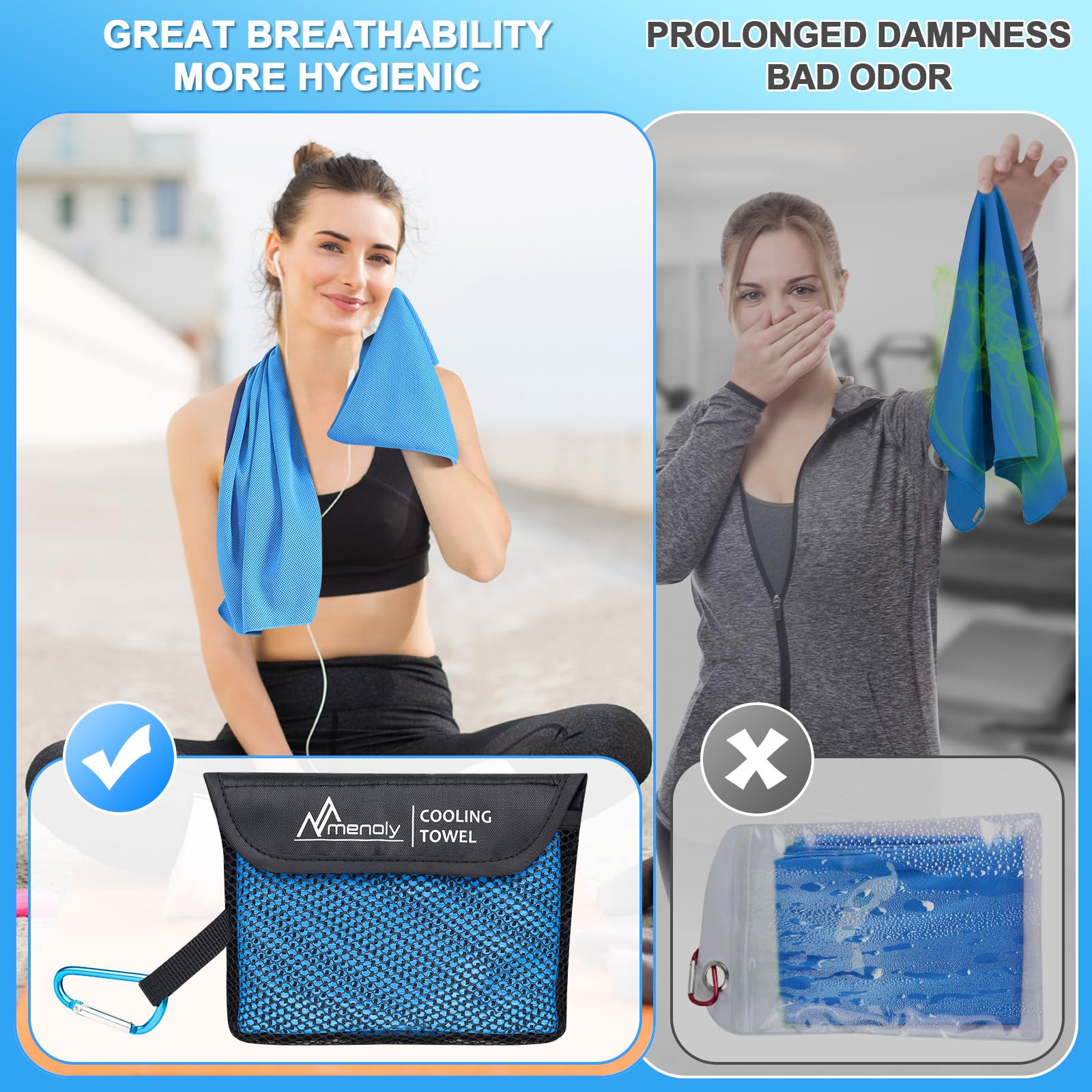 MENOLY 10 Pack Cooling Towels, 40"x12" Cooling Towels for Neck and Face with Breathable Carrying Bags,Soft Microfiber Instant Cooling Rags, Gym Workout Sweat Towel for Sports, Yoga, Camping, Running