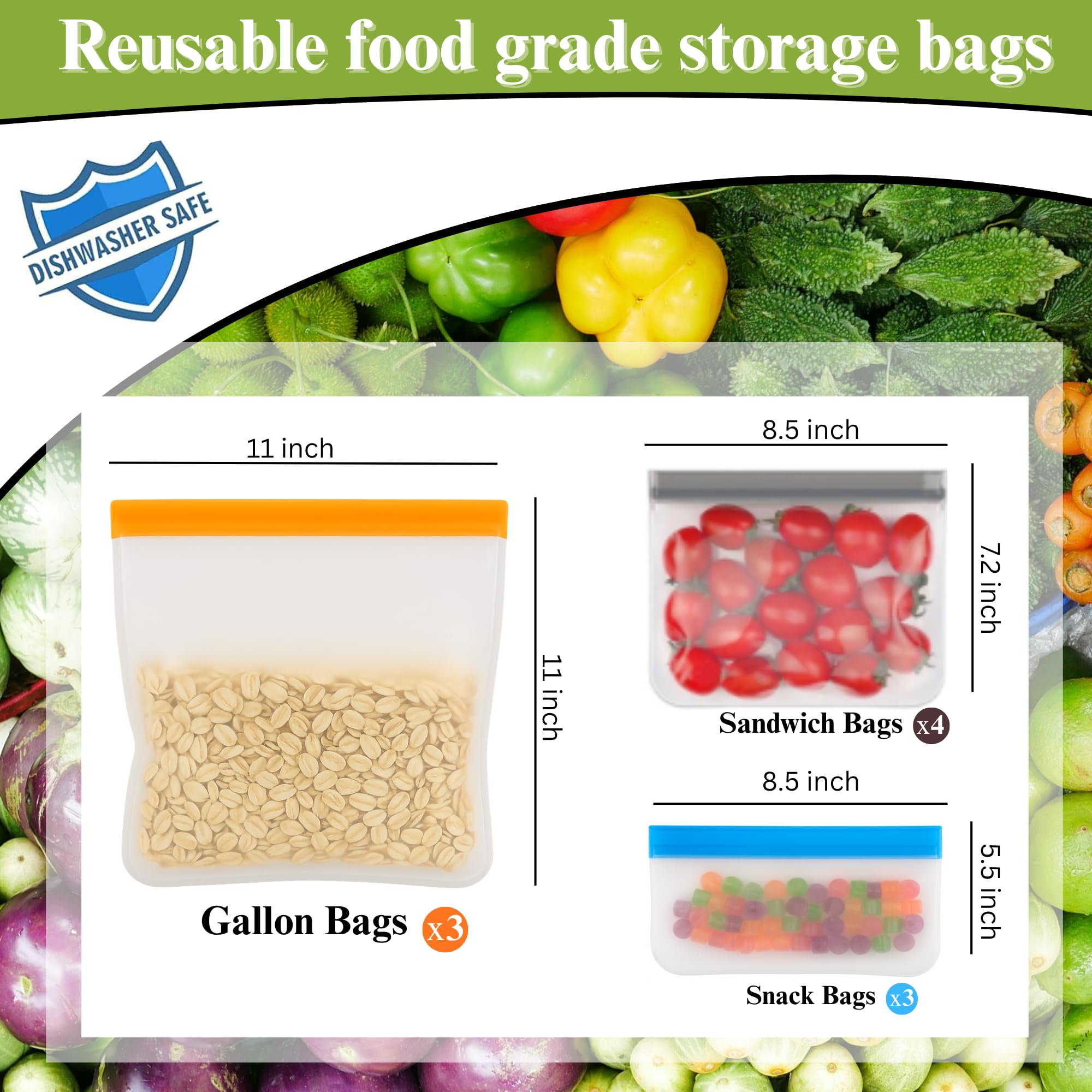 10 Pack Dishwasher Safe Reusable Bags, Leakproof Reusable Freezer Bags, BPA Free Food Storage Bags for Lunch, Marinate and Travel, 3 Gallon, 4 Sandwich, 3 Snack Bags
