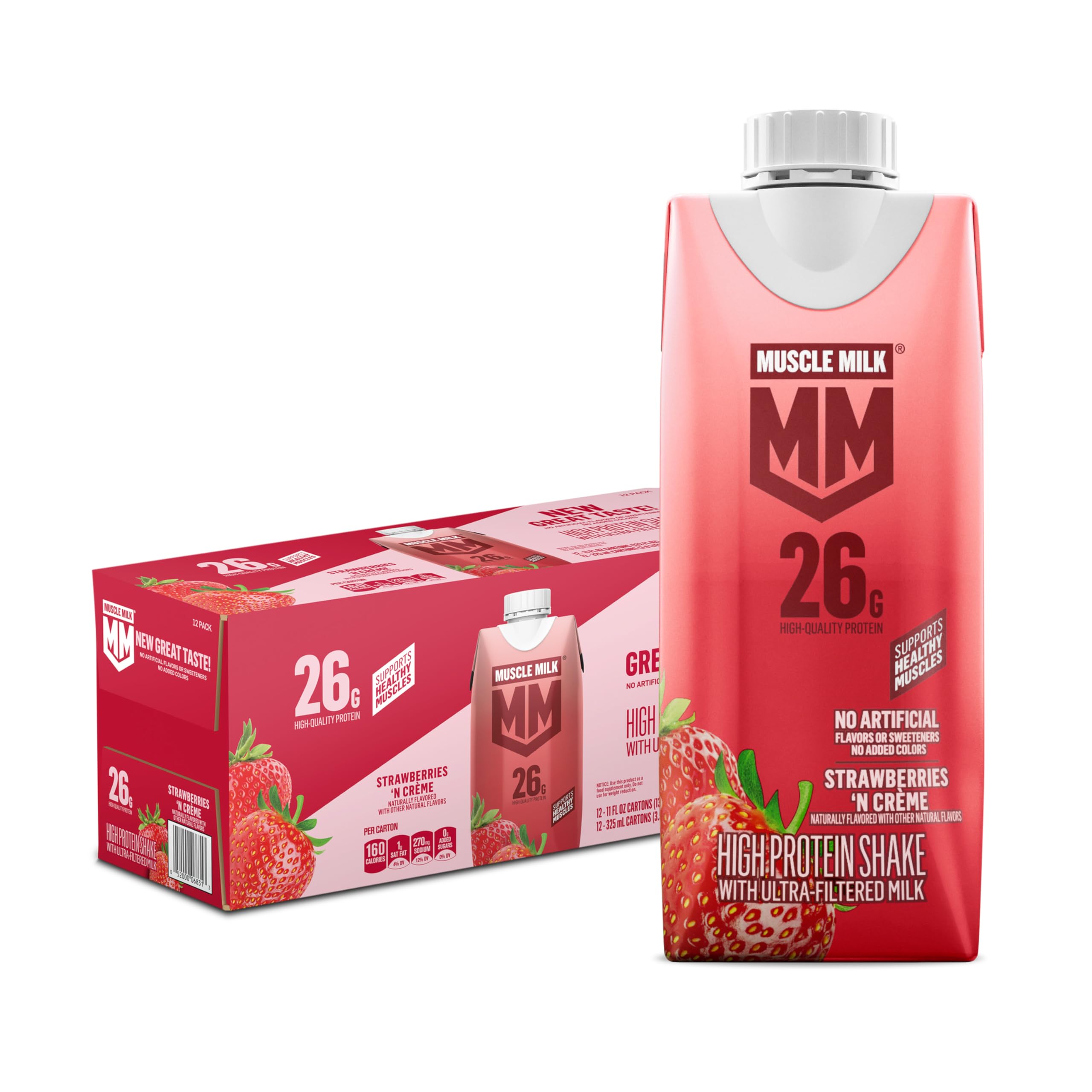 Muscle Milk High Protein Shake, Vanilla Creme, 11 fl oz Cartons (12 Pack) Ultra Filtered Milk, 26g High Quality Protein Shake, 3g Sugar, 160 Calories, No Artificial Flavors, No Artificial Sweeteners, No Added Colors