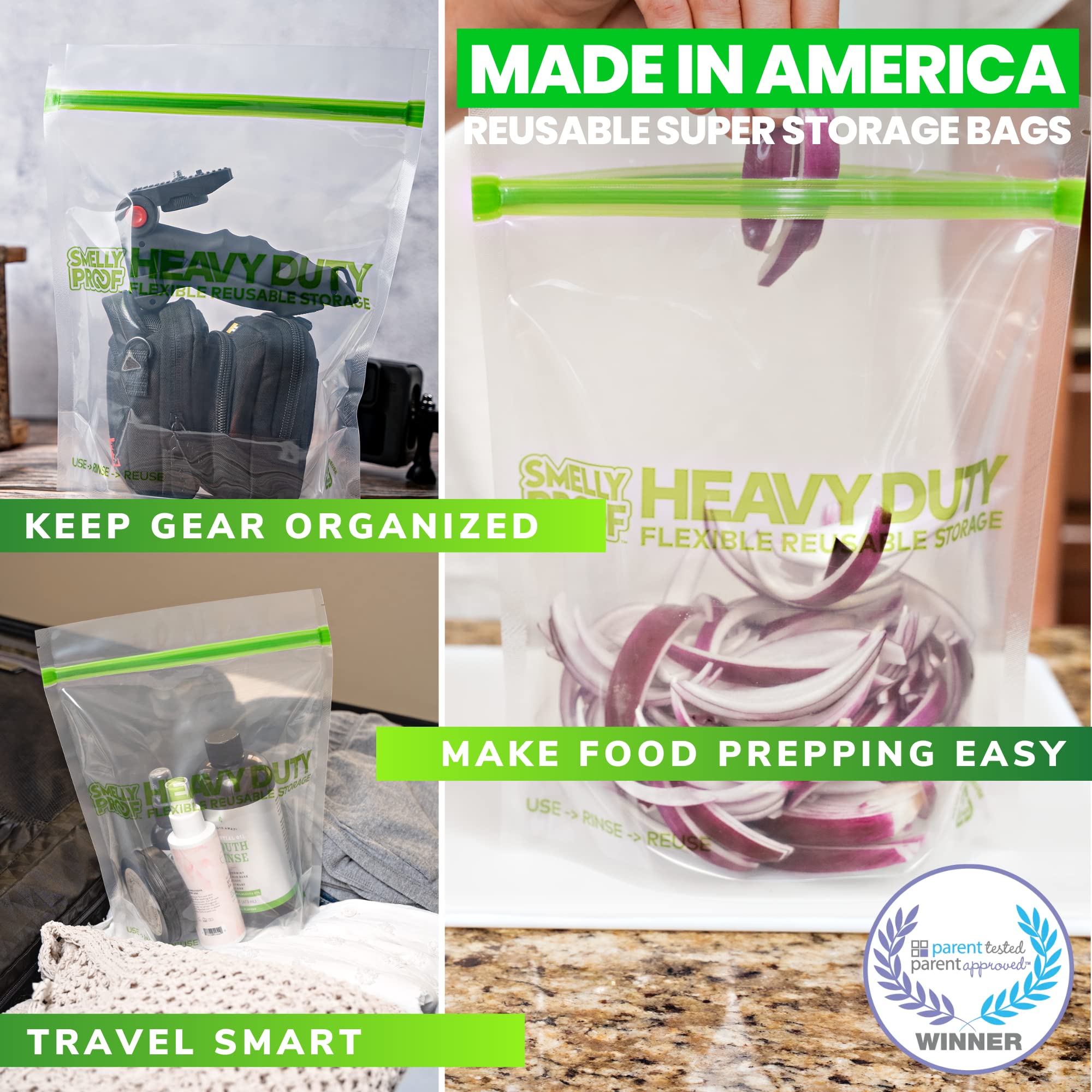 Smelly Proof HEAVY DUTY Reusable STAND-UP Bags for Food Storage, USA Made, NO PEVA & BPA FREE, Reusable Freezer Bags, Dishwasher-Safe, Triple Zip, CLEAR 5-mils XXL 2-Gallon 12" x 16" - 5pk