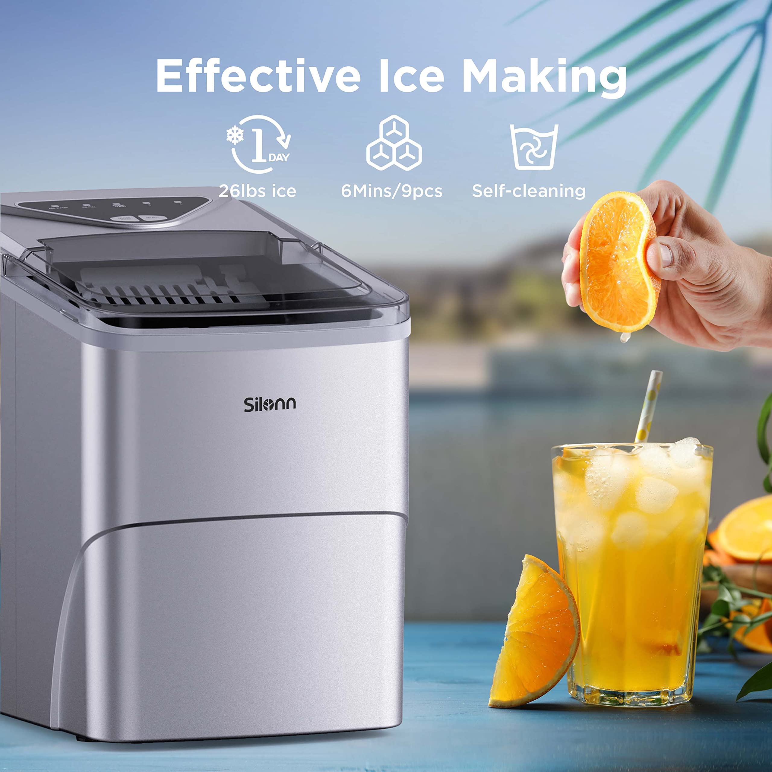 Silonn Countertop Ice Maker with 2.5L Expandable Ice Basket, 26.5lbs/24H, 9 Cubes in 6 Mins, 2 Ice Sizes, Self-Cleaning & LED Touch Control for Home Kitchen Office