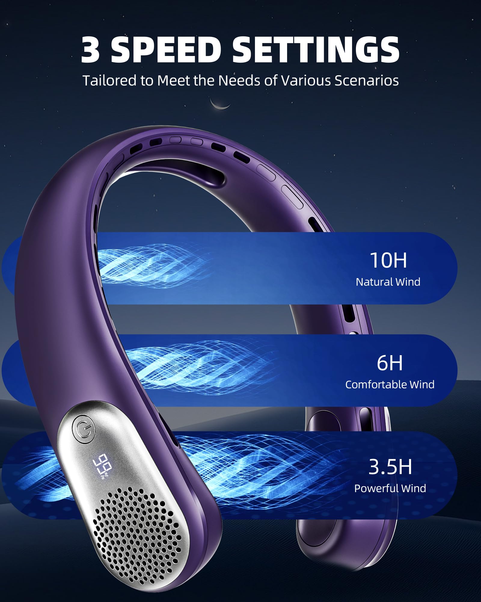 Neck Fan, Portable 4000 mAh Battery Operated Personal Fan with LED Display, 3 Wind Speed, Fast Cooling, Fast Cooling,USB Rechargeable Fan for Women Outdoor Purple