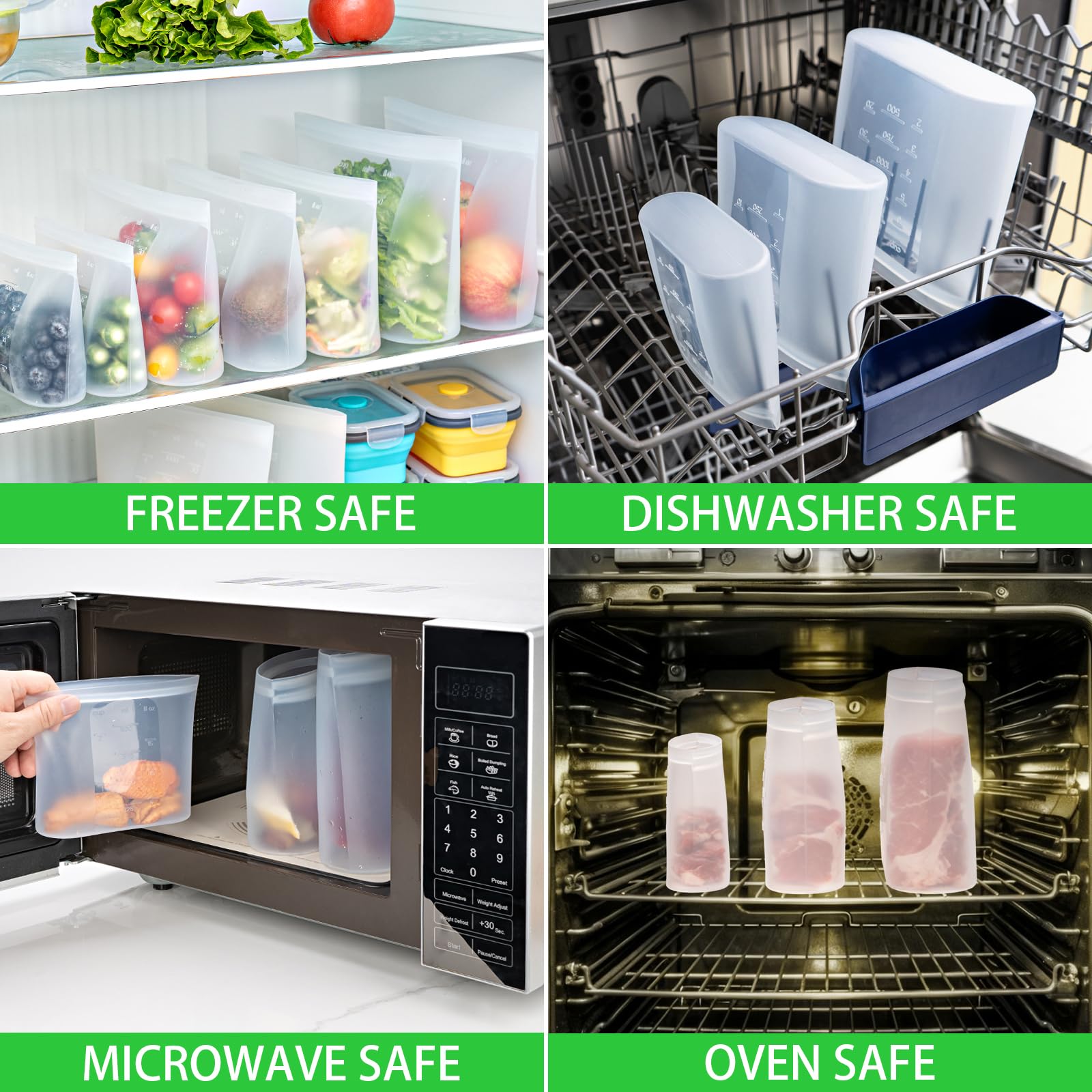 100% Platinum Silicone Reusable Storage Bags, 12 Pack, Premium Silicone Food Storage Bag Stand-Up Wide-Mouth Zip-Lock, Freezer Microwave Oven Dishwasher Safe, 4 M + 4 S + 4 XS, Crystal-Clear