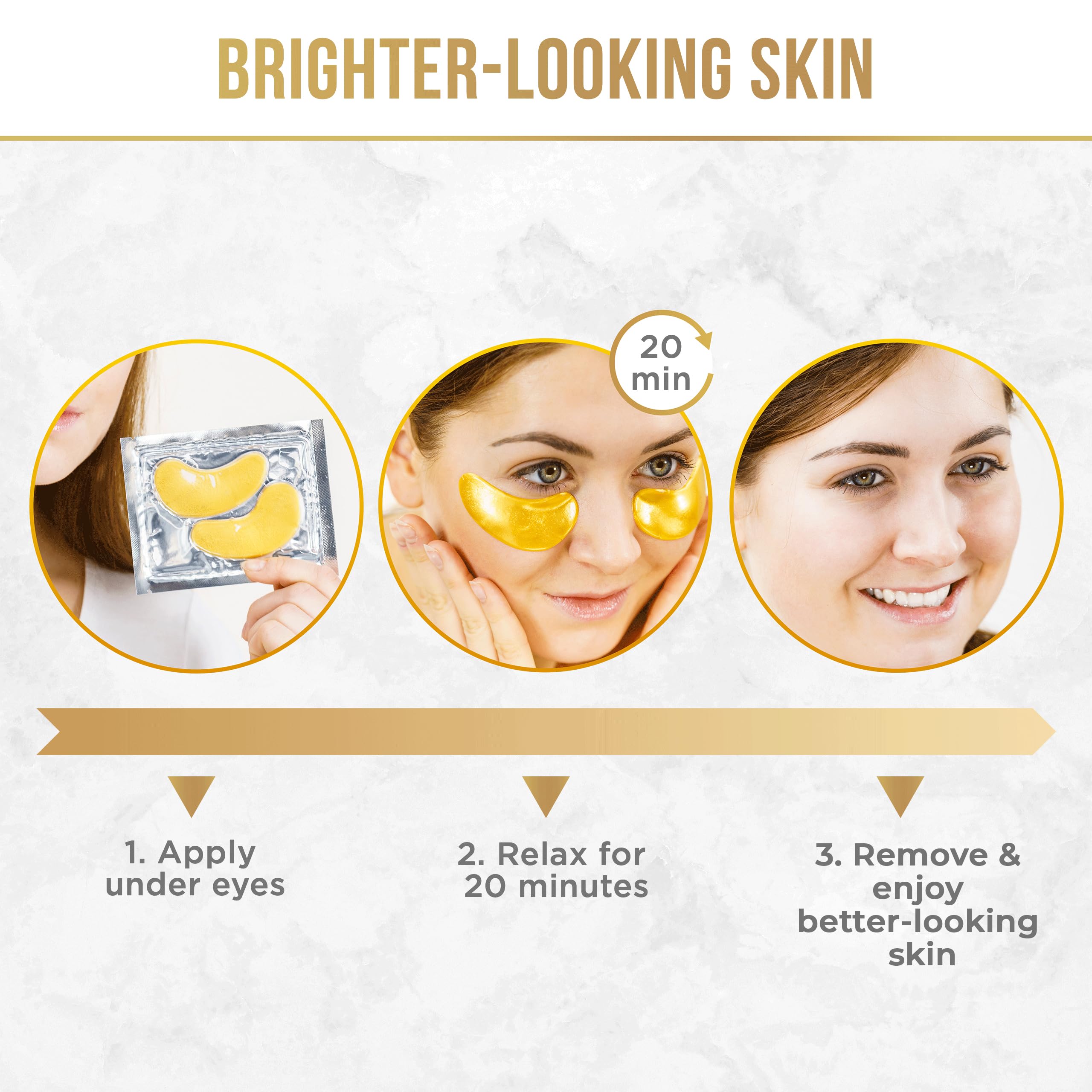 DERMORA Golden Glow Under Eye Patches - 20 Pairs Individually Packed, Hydrating Soft Gel Eye Masks for Puffiness, Wrinkles, Dark Circles & Fine Lines, Glowing Skin, Travel Friendly