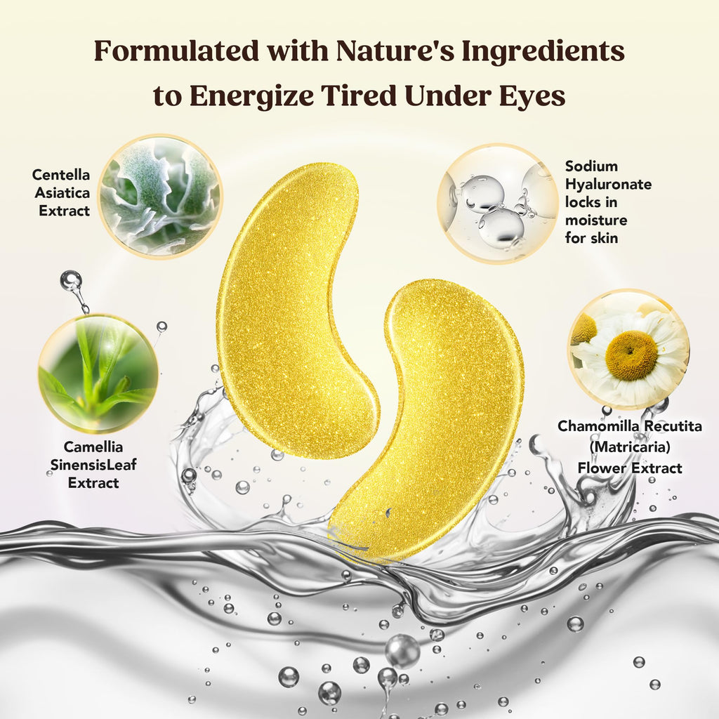 DERMORA Golden Glow Under Eye Patches - 20 Pairs Individually Packed, Hydrating Soft Gel Eye Masks for Puffiness, Wrinkles, Dark Circles & Fine Lines, Glowing Skin, Travel Friendly