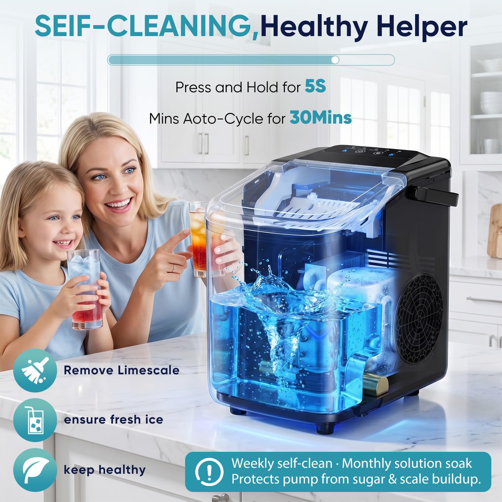DUMOS Ice Maker Countertop, Ice Machine with Portable Handle, Basket and Scoop, 26lbs Daily, 9 Bullet Cubes in 6-8 Mins, Auto-Cleaning for Home, Kitchen, Office, Outdoors, RV Camping