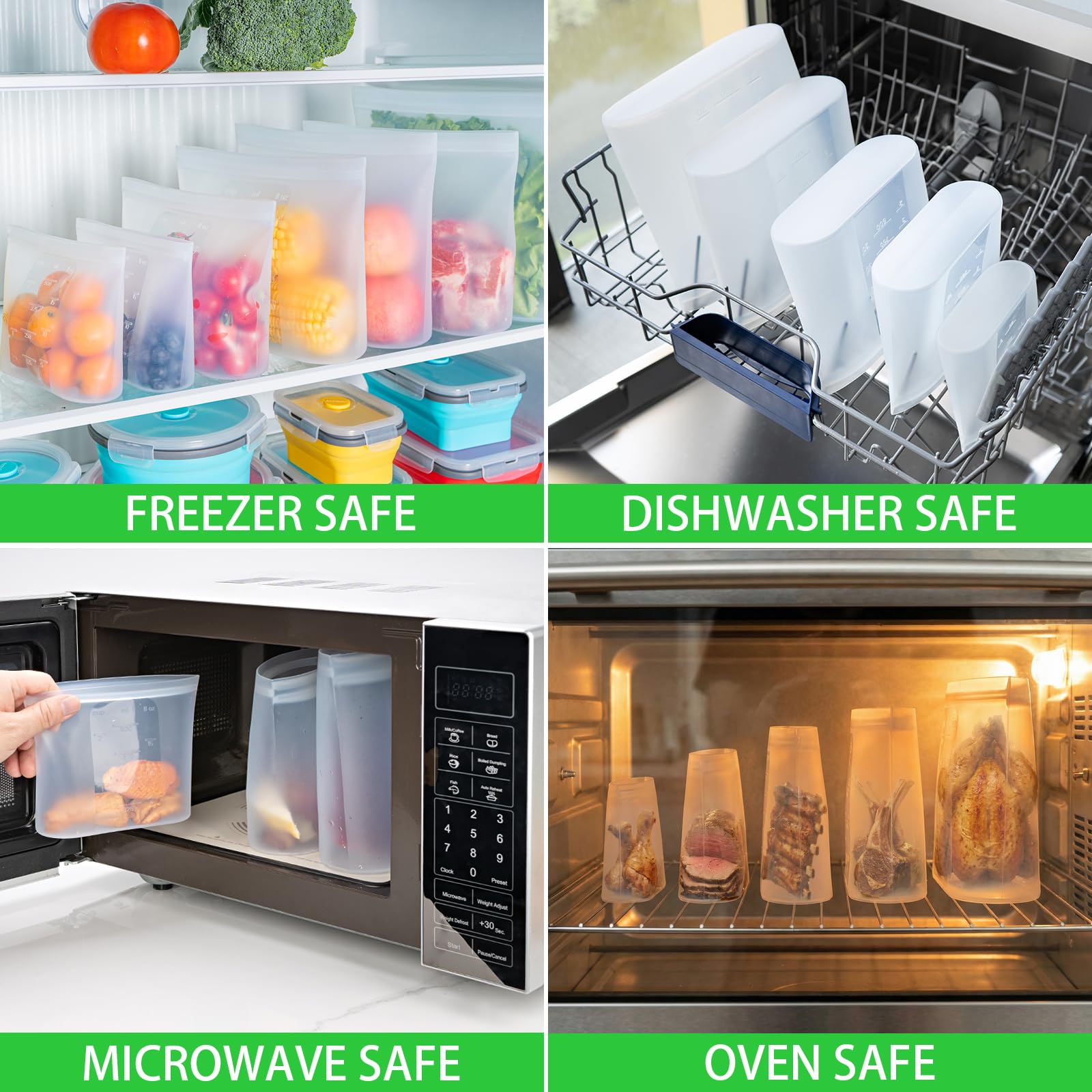 100% Platinum Silicone Reusable Storage Bags, 12 Pack, Premium Silicone Food Storage Bag Stand-Up Wide-Mouth Zip-Lock, Freezer Microwave Oven Dishwasher Safe, 4 M + 4 S + 4 XS, Crystal-Clear