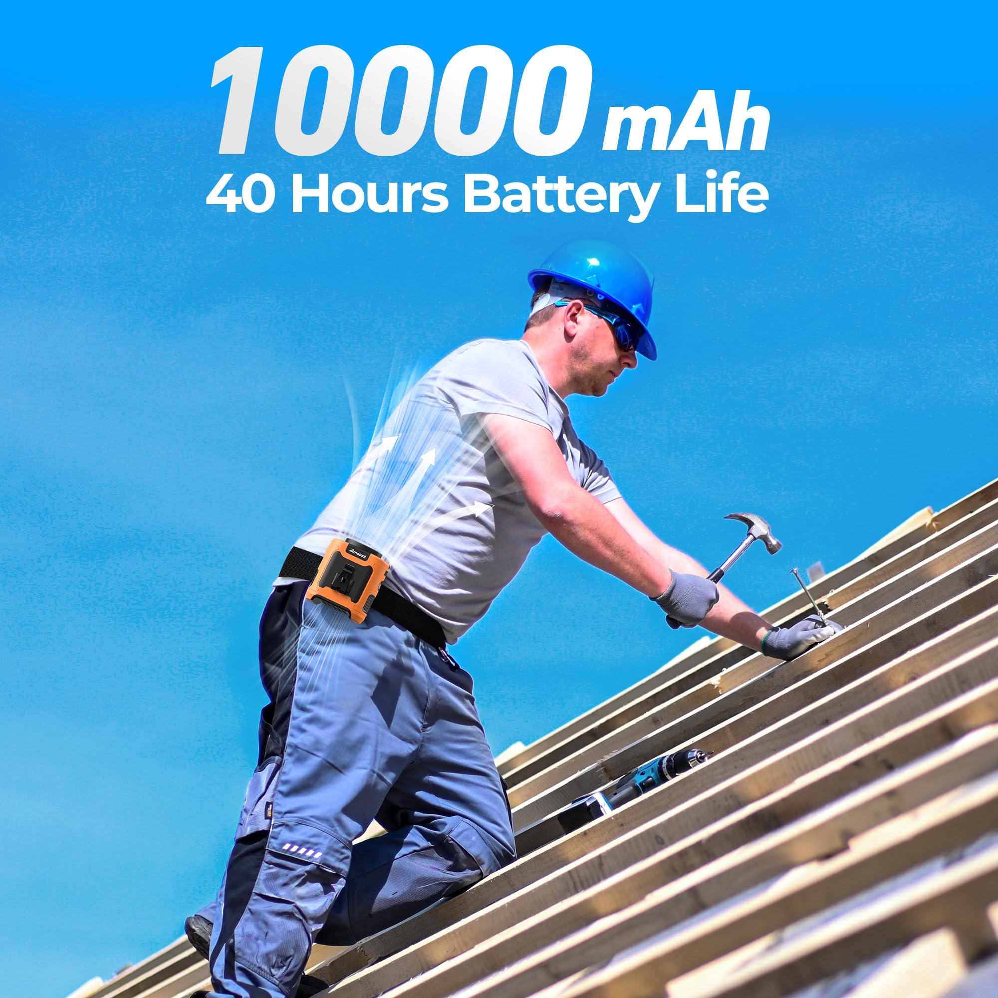 AMACOOL Portable Waist Fan Clip On, MAX 40H Work Time, 10000mAh Rechargeable Wearable Shirt Fan with Light, 16000RPM Powerful 5 Speed Belt Fans Personal Cooling Fans for Outdoor Jobsite Camping Travel