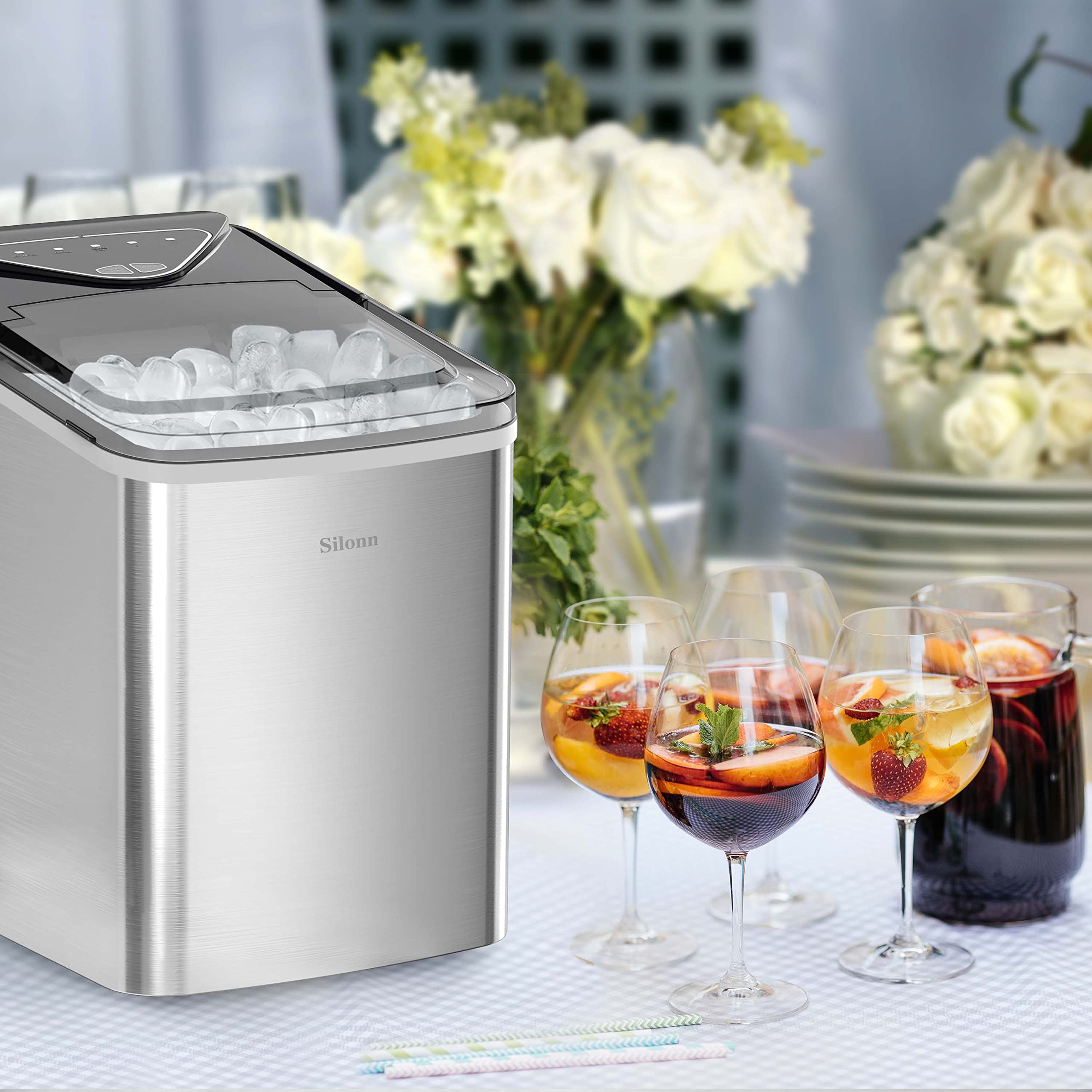Silonn Countertop Ice Maker with 2.5L Expandable Ice Basket, 26.5lbs/24H, 9 Cubes in 6 Mins, 2 Ice Sizes, Self-Cleaning & LED Touch Control for Home Kitchen Office