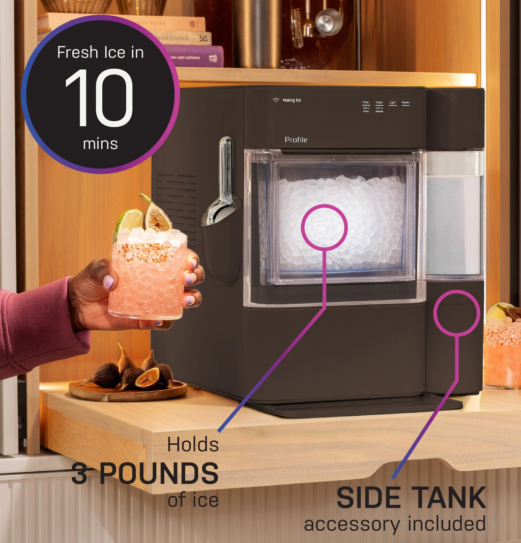 GE Profile Opal Ultra, Countertop Nugget Ice Maker, 1 Gal XL Side Tank, *Amazon Exclusive*, 38 lbs/Day, Pebble Pellet Crushed Ice Machine, WiFi Black Stainless Steel