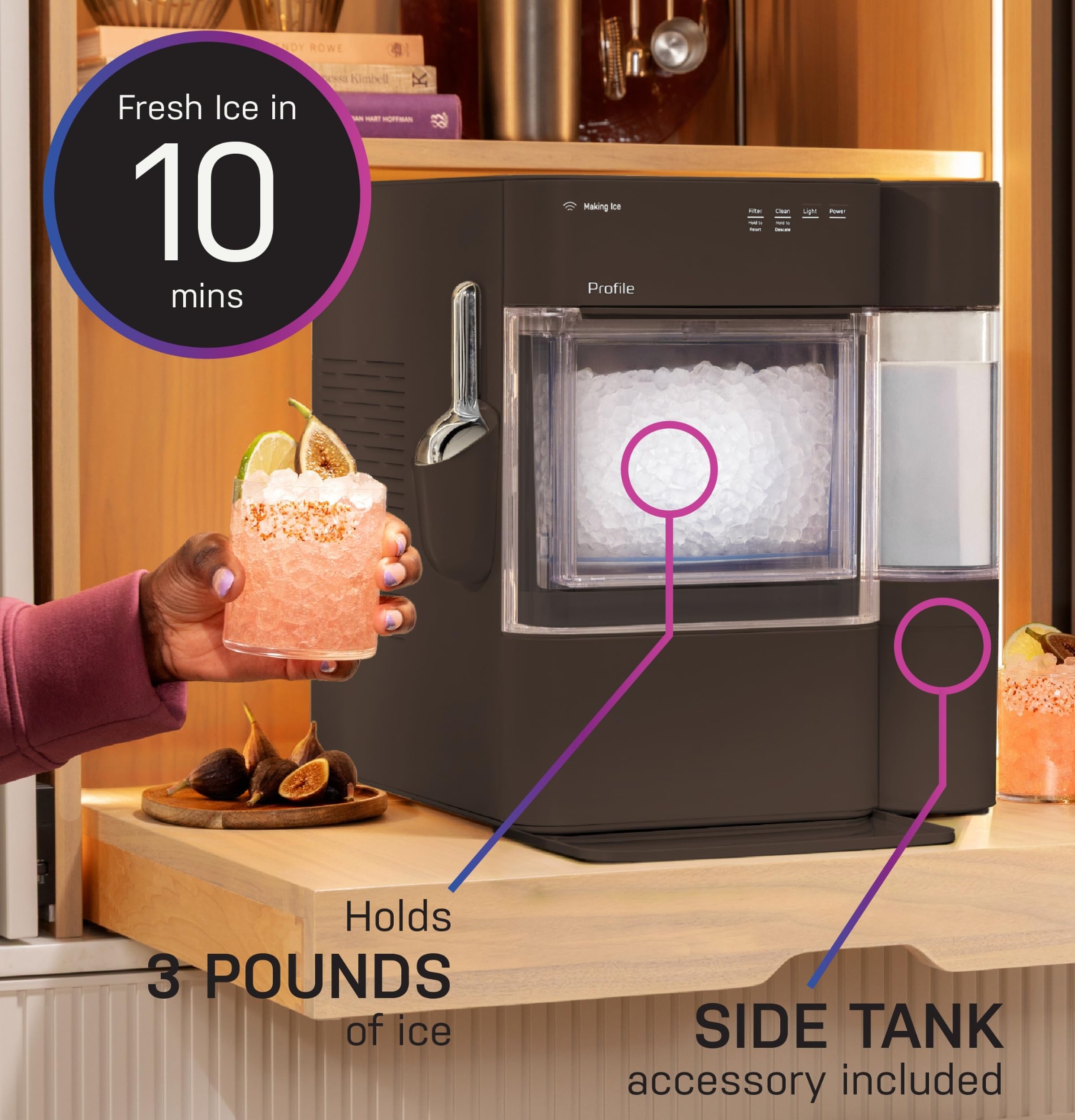 GE Profile Opal Ultra, Countertop Nugget Ice Maker, 1 Gal XL Side Tank, *Amazon Exclusive*, 38 lbs/Day, Pebble Pellet Crushed Ice Machine, WiFi Black Stainless Steel